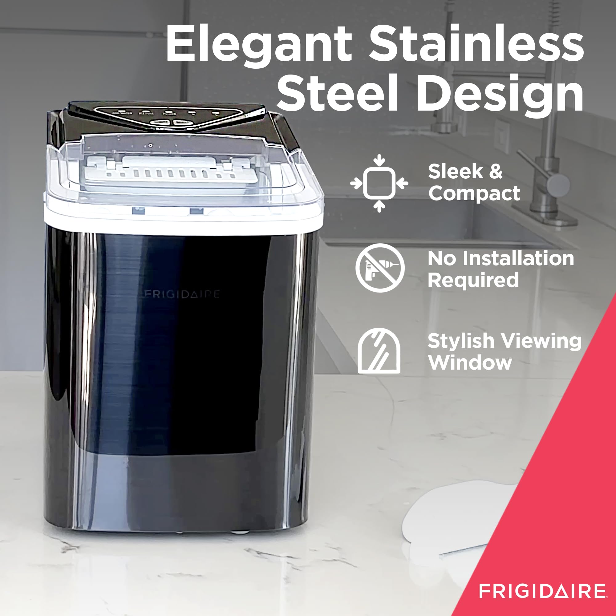 Frigidaire EFIC123-SSBLACK Compact Countertop Ice Maker - 26lbs Daily Output, Black Stainless Steel - Perfect for Home, Office, Parties & Outdoor Events