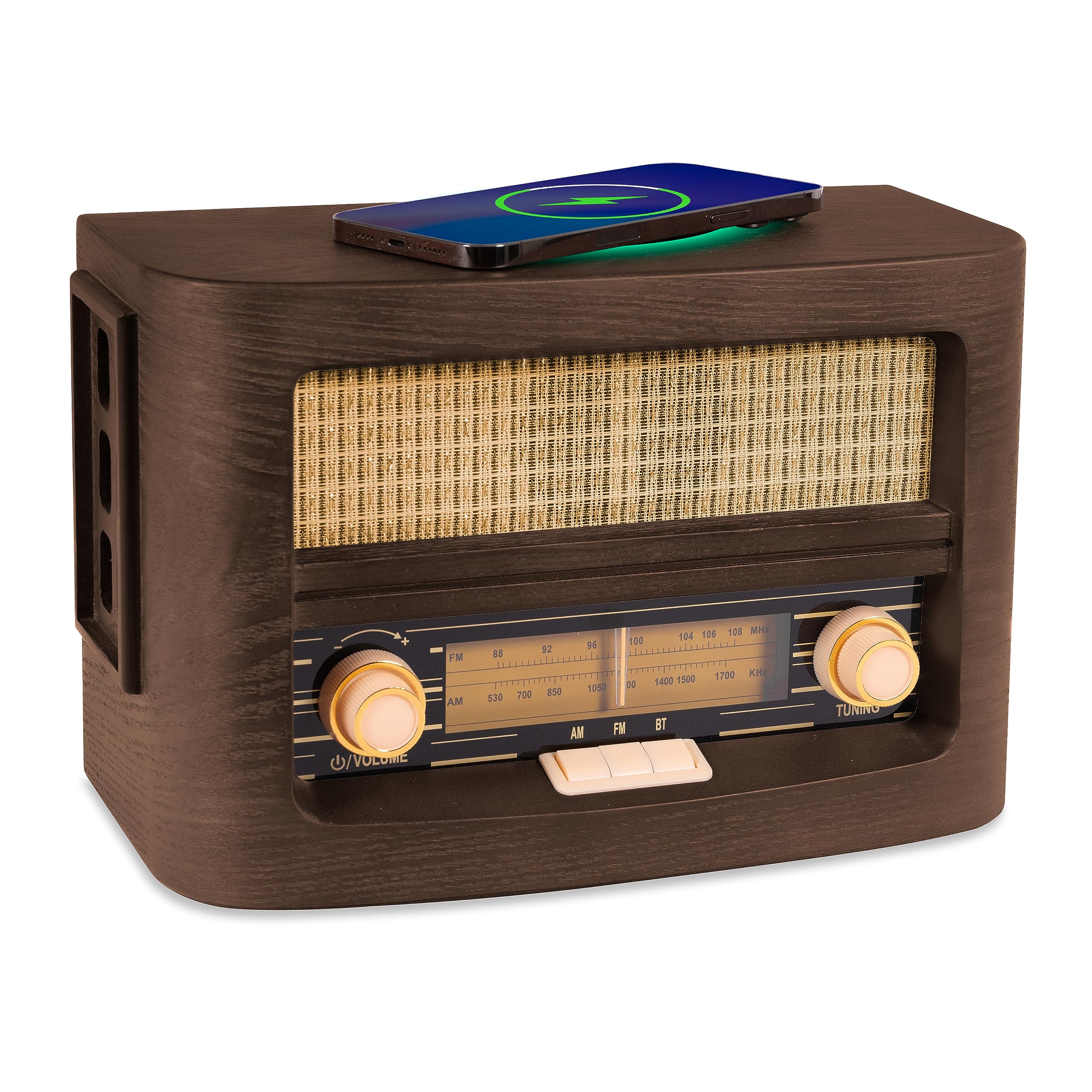 Vintage Wood Retro Bluetooth Speaker with Wireless Charging Pad | AM/FM Radio | AUX Input | Handcrafted Ashtree Wood | Mid Century Modern Design for Home, Office & Outdoor Use