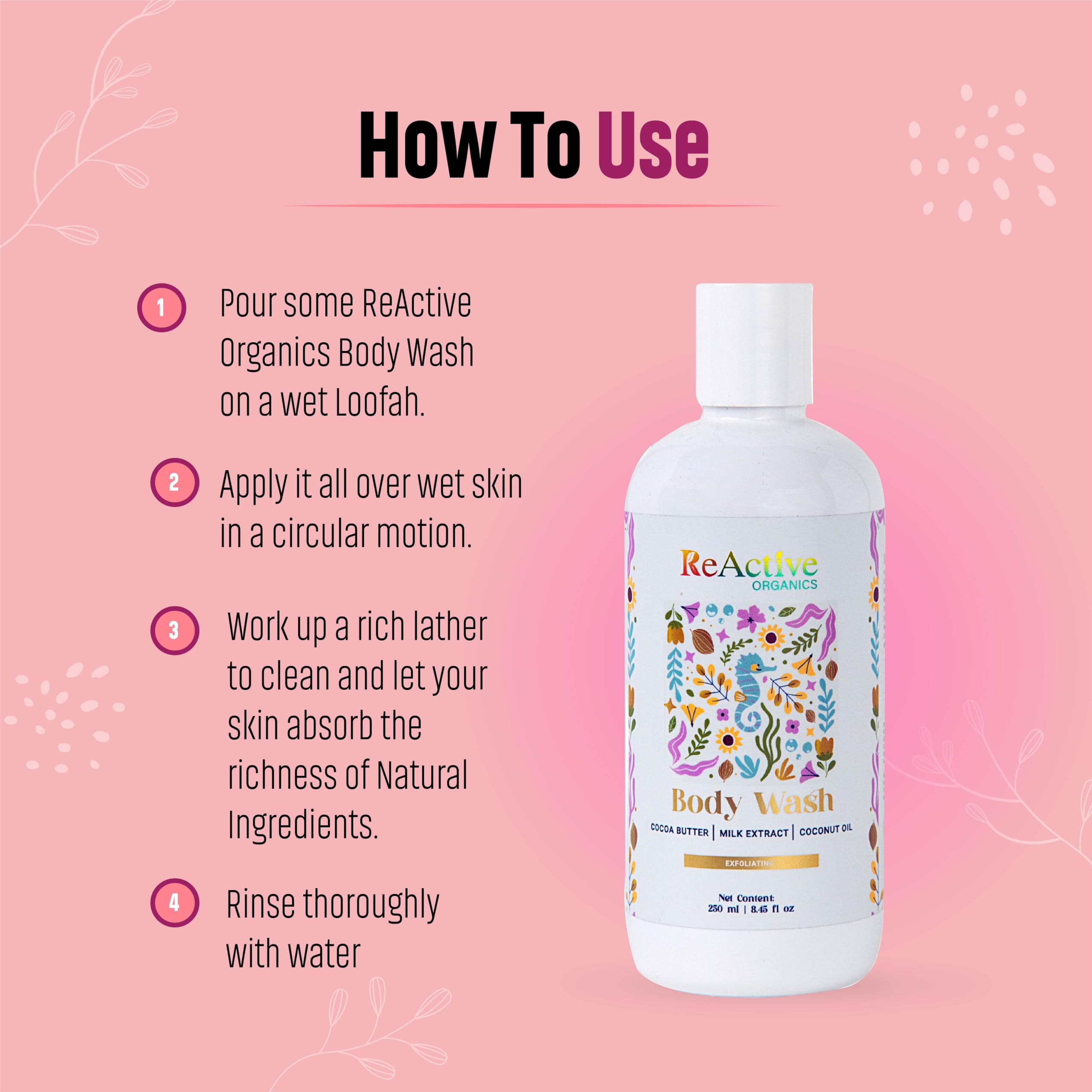 ReActive Organics Exfoliating Body Wash with Coconut Oil, Milk Extract & Cocoa Butter - Hydrating & Brightening Sulfate-Free, Paraben-Free Body Cleanser for Men & Women (250ml) - Perfect for Daily Shower & Spa-Like Skin Care Routine