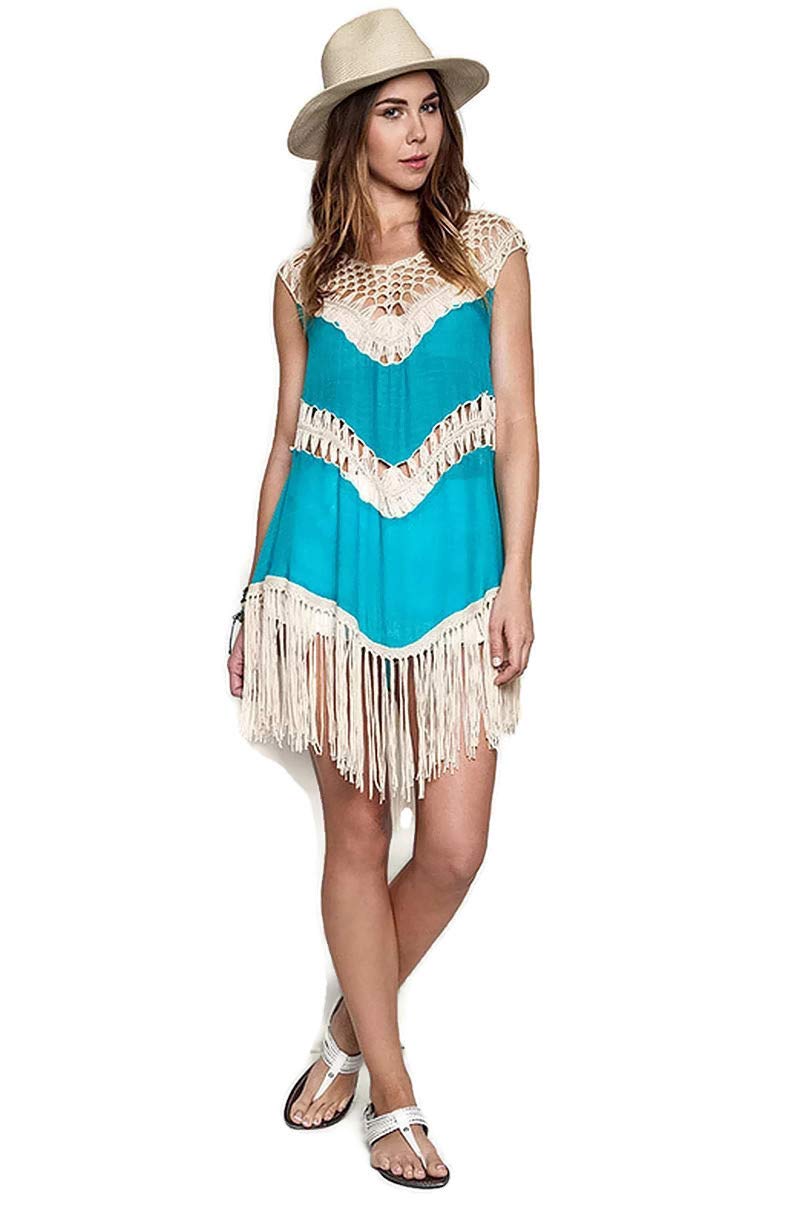 Umgee USA Women's Sleeveless Crochet Fringe Long Tunic Top - Boho Beach Cover Up, Summer Festival Outfit, Vacation Dress
