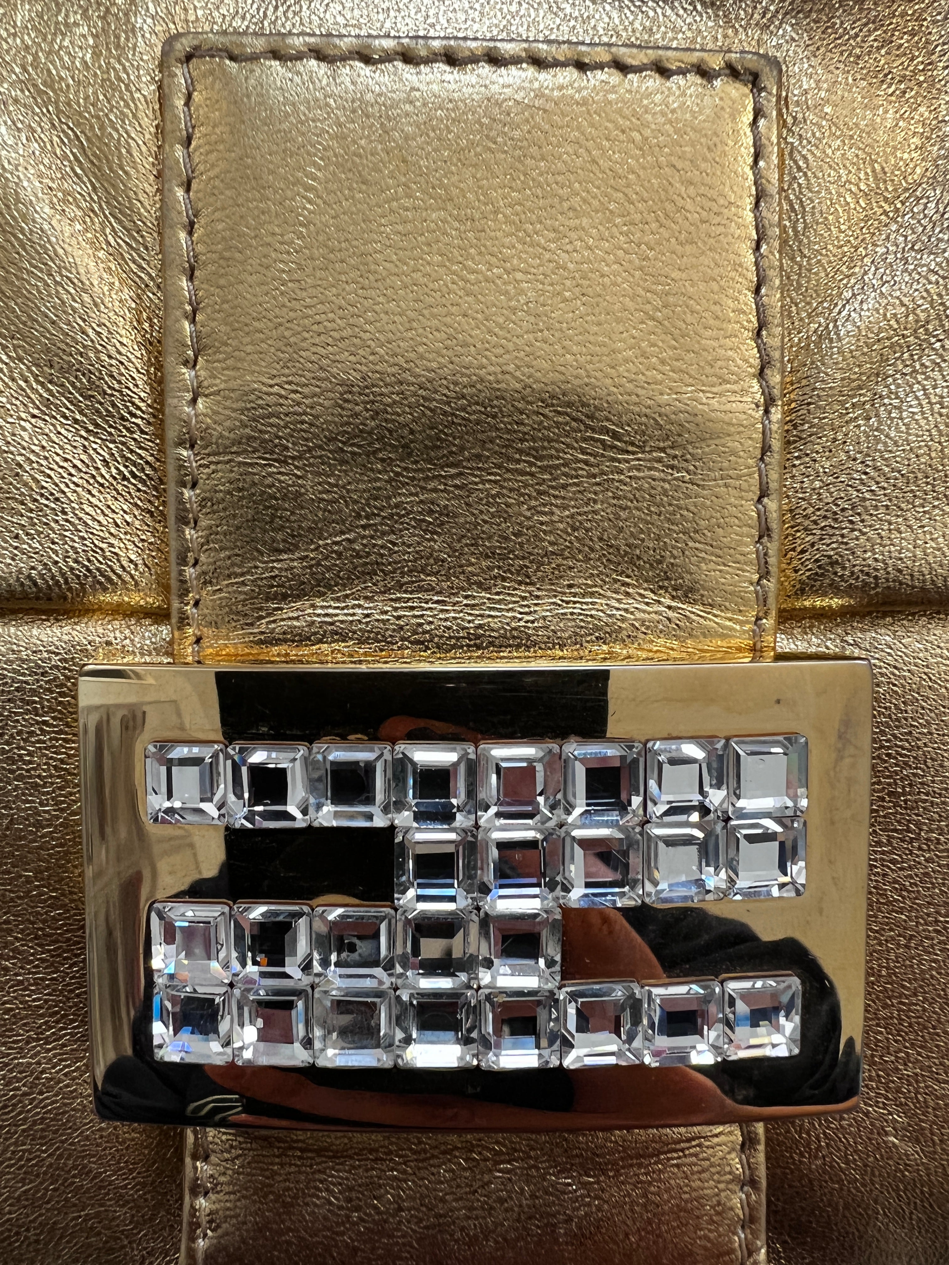 Vintage Fendi Rhinestone-Embellished Golden Baguette Bag - Luxury Evening Clutch for Parties, Weddings & Special Occasions