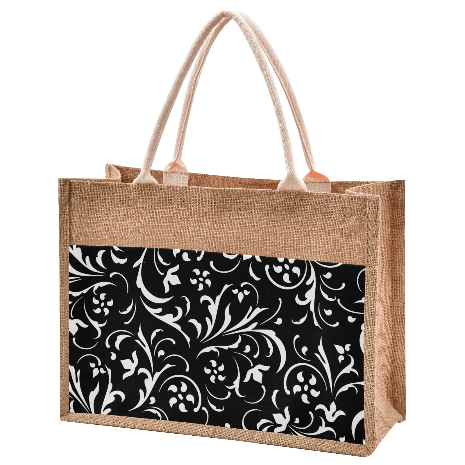 Stylish Floral Print Black Jute Tote Bag for Women - Large Capacity Durable Eco-Friendly Handbag (4 Size Options) - Perfect for Shopping, Beach, Work & Daily Use