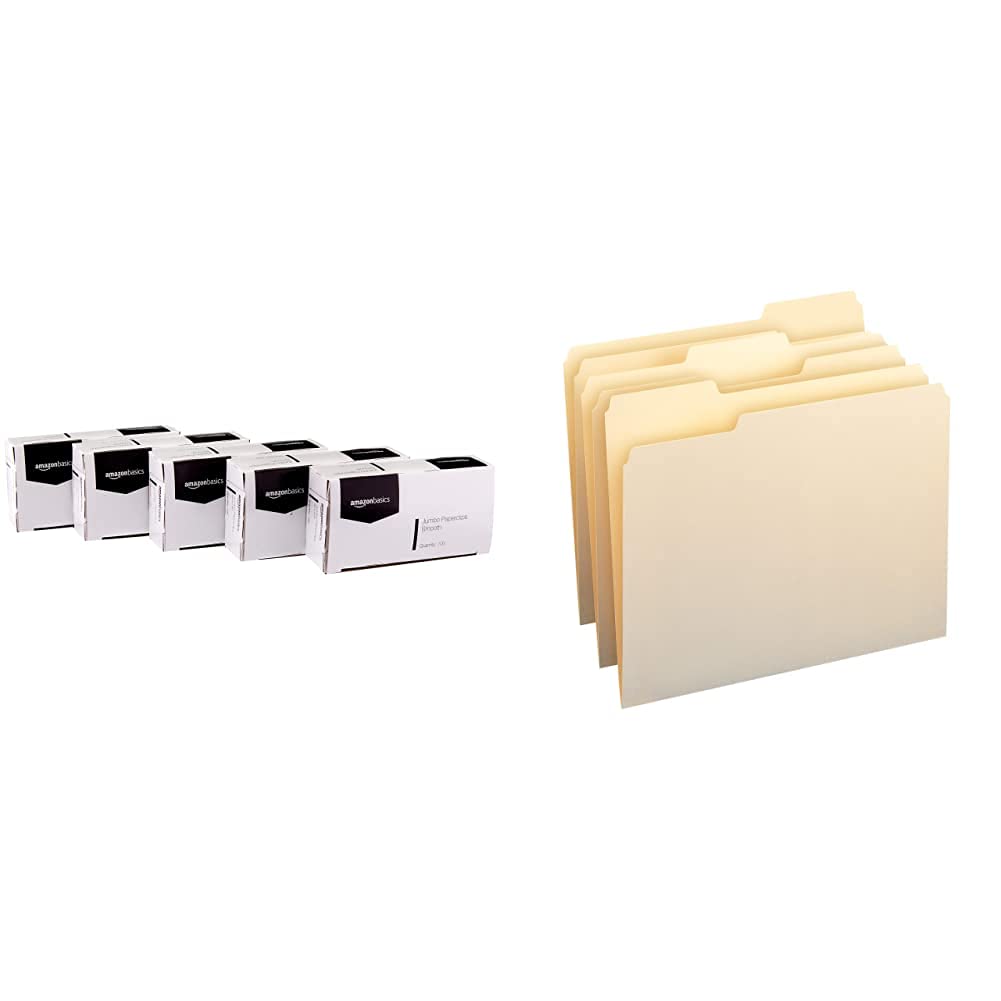 Amazon Basics Jumbo Smooth Office Paper Clips - 100 per Box (10-Pack) & 1/3-Cut Tab Manila File Folders - Letter Size (Pack of 100) - Perfect for Office Organization, Document Filing, and School Supplies