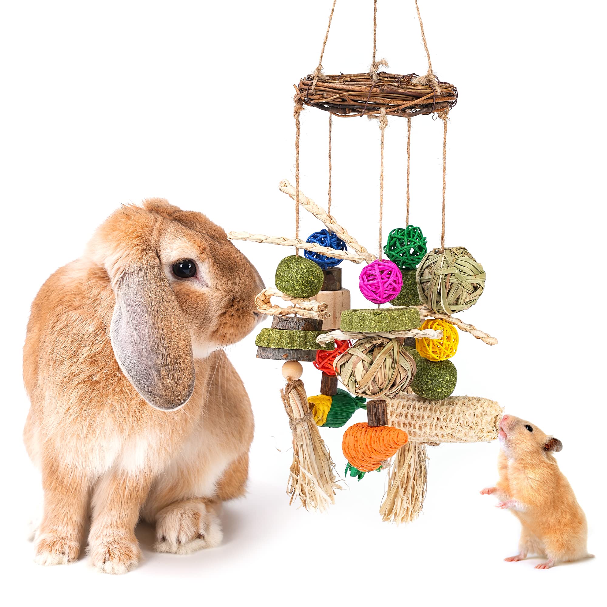 Natural Rattan Chew Toys for Rabbits, Guinea Pigs & Small Pets - Teeth Grinding Treats with Hanging Ring for Cage | Safe Bunny Chew Toys for Dental Health & Stress Relief - Perfect for Playtime & Cage Enrichment