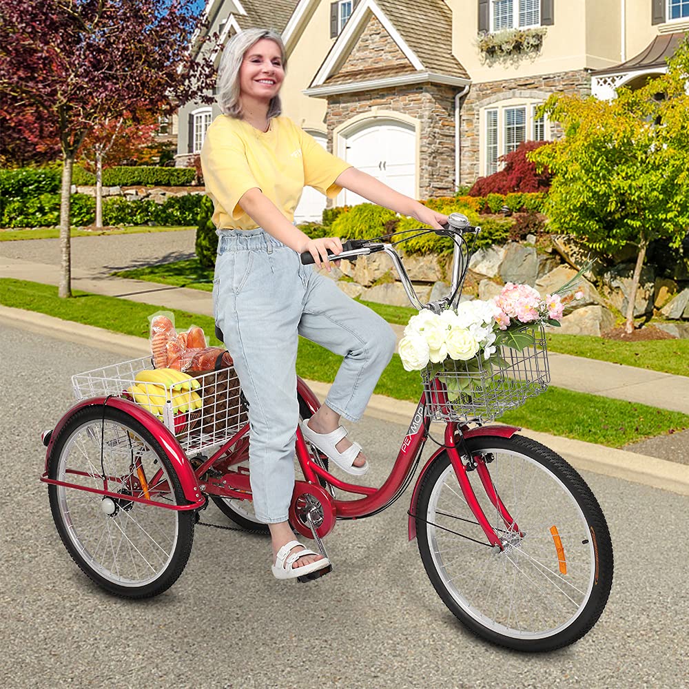 PEXMOR 24/26 Inch 7-Speed Adult Tricycle for Women, Men & Seniors - 3 Wheel Cruiser Bike with Folding Front & Rear Basket - Perfect for Shopping, Recreation, Picnics & Outdoor Activities
