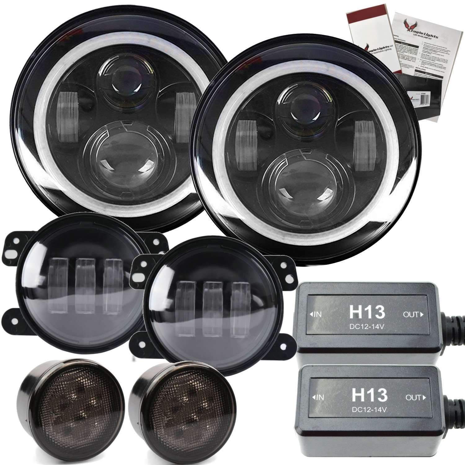 Eagle Lights 7 LED Headlight Kit for Jeep Wrangler & Gladiator - White LED Halo Rings, High Brightness, Plug & Play - Double Pack - Perfect for Off-Roading & Night Driving