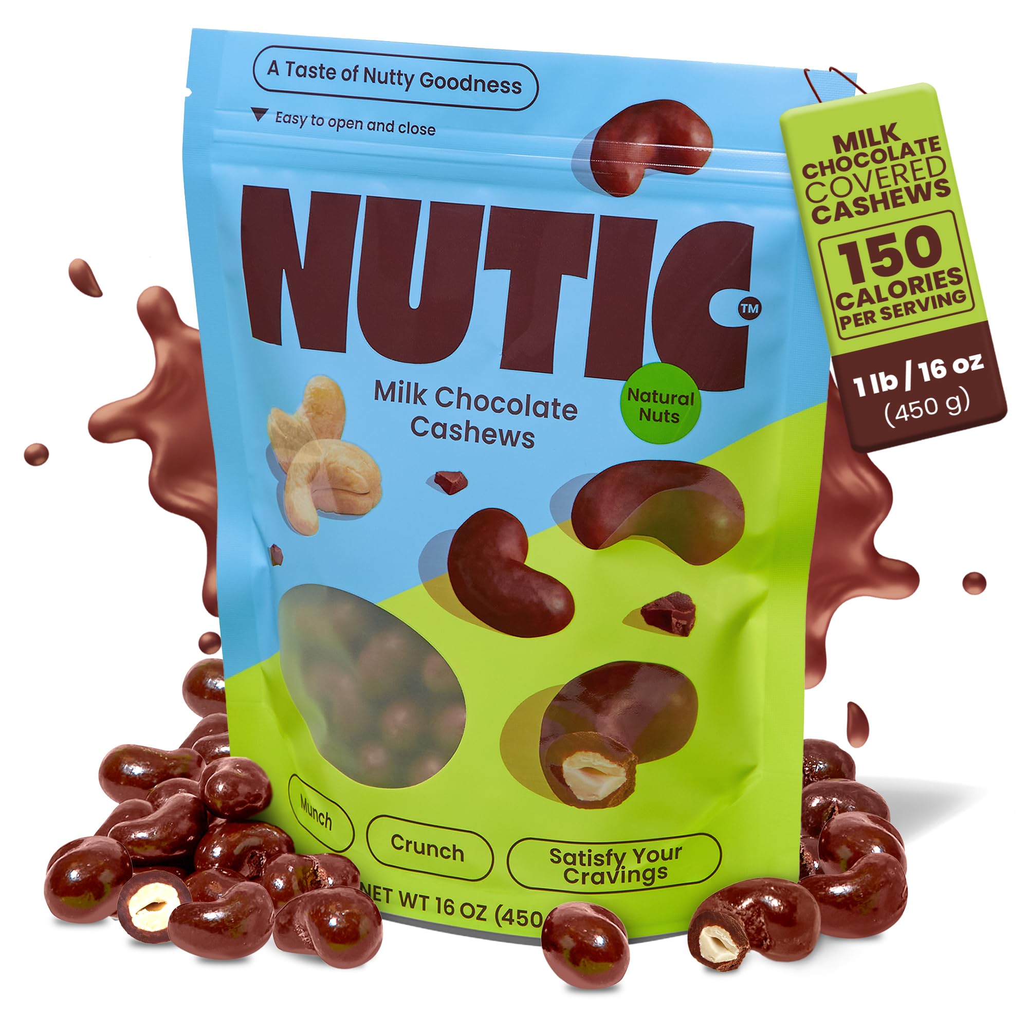 Nutic Milk Chocolate Covered Cashews - 1LB Bag, Premium Chocolate Coated Nuts for Snacks, Gifts & Desserts | Creamy, Crunchy & Irresistible | Perfect for Christmas, Valentine's Day, Parties & Movie Nights | Made in USA, Gluten-Free, Non-GMO