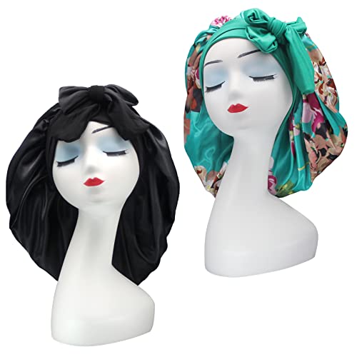 Reversible Satin Sleep Cap & Shower Cap - Adjustable Silk Bonnet for Hair Protection (2 Pack) | Perfect for Nighttime Hair Care, Travel & Showering