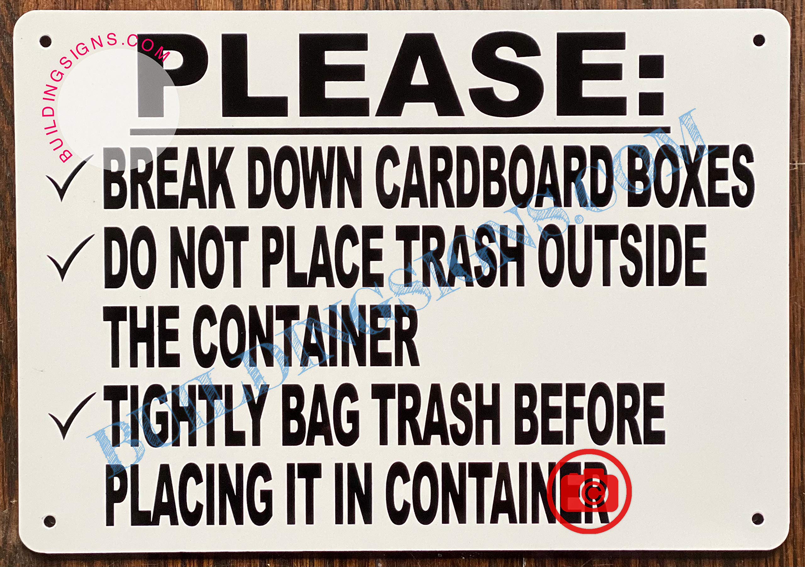 7x10 Inch White Aluminum Garbage Container Rules Sign - Break Down Cardboard, No Trash Outside - Perfect for Warehouses, Offices & Recycling Centers