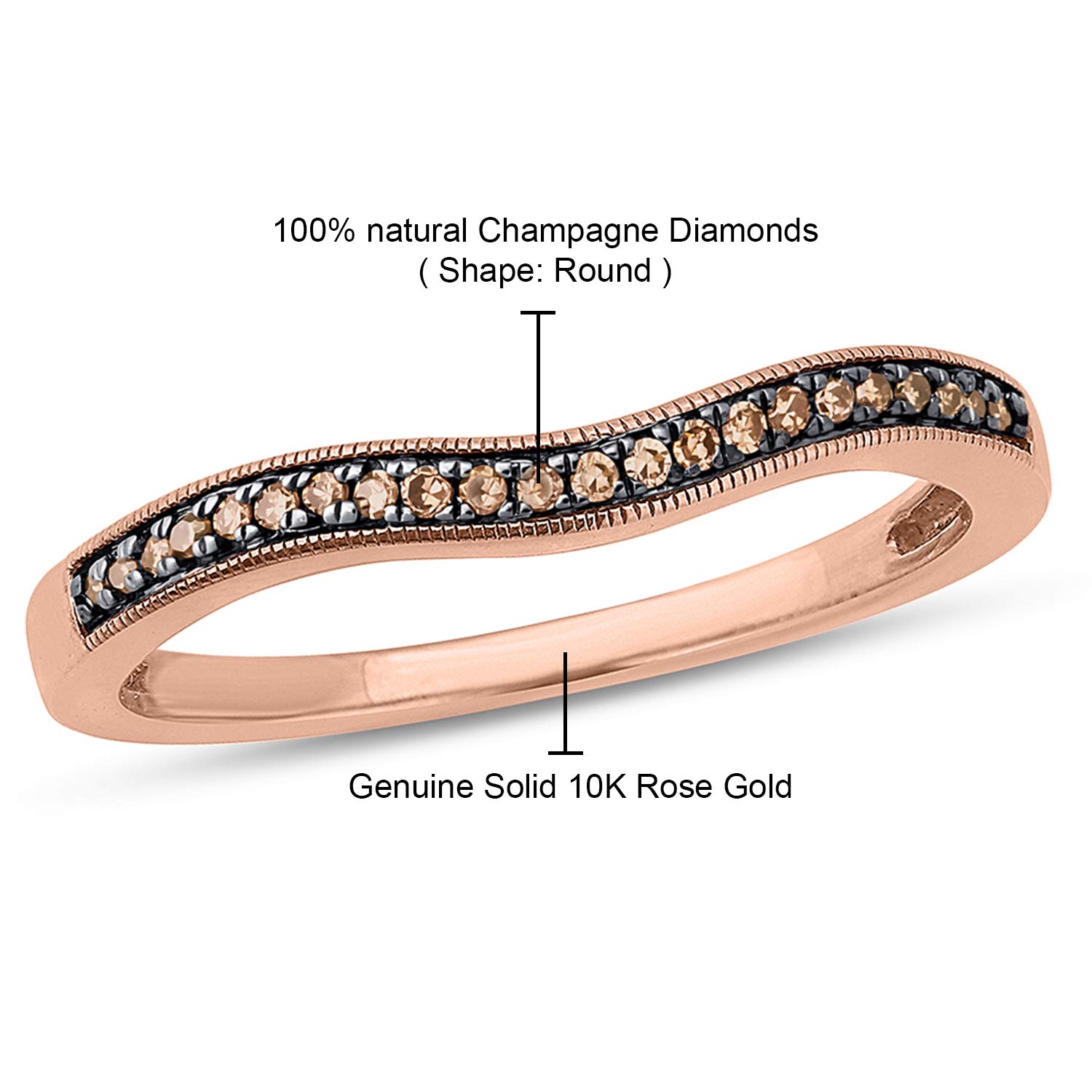 1/10 CT Natural White & Champagne Diamond Stacking Ring for Women - 10K Rose or White Gold Wedding Band, Anniversary Jewelry Gift | Elegant Diamond Accent Ring for Everyday Wear, Date Nights & Special Occasions