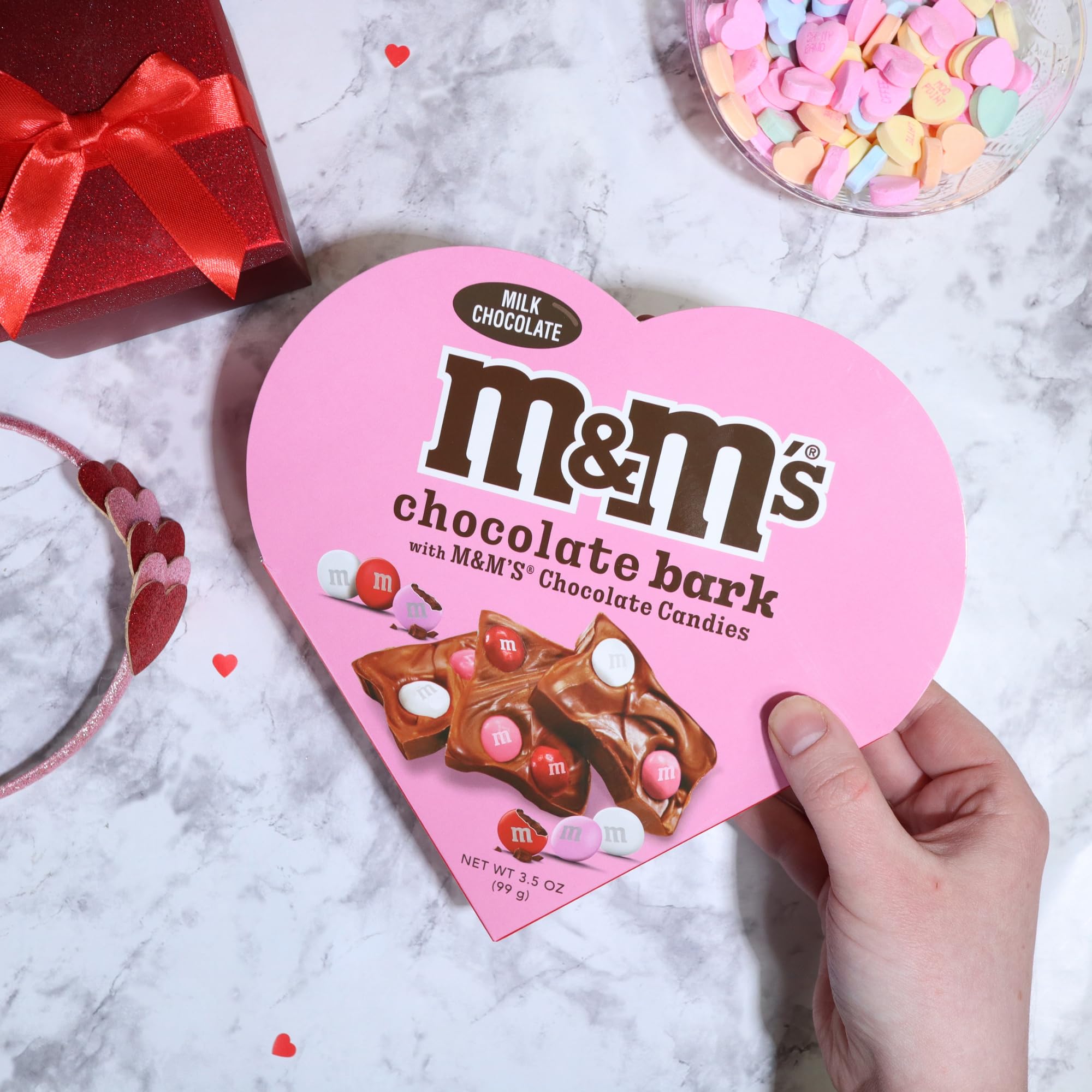 Valentine's Day Milk Chocolate Candy Bark with M&M's in Heart Box - 3.5oz Crunchy Chocolate Gift for Her/Him, Couples, Wife, Husband - Perfect for Romantic Gifts, Anniversary, Birthday & Special Occasions