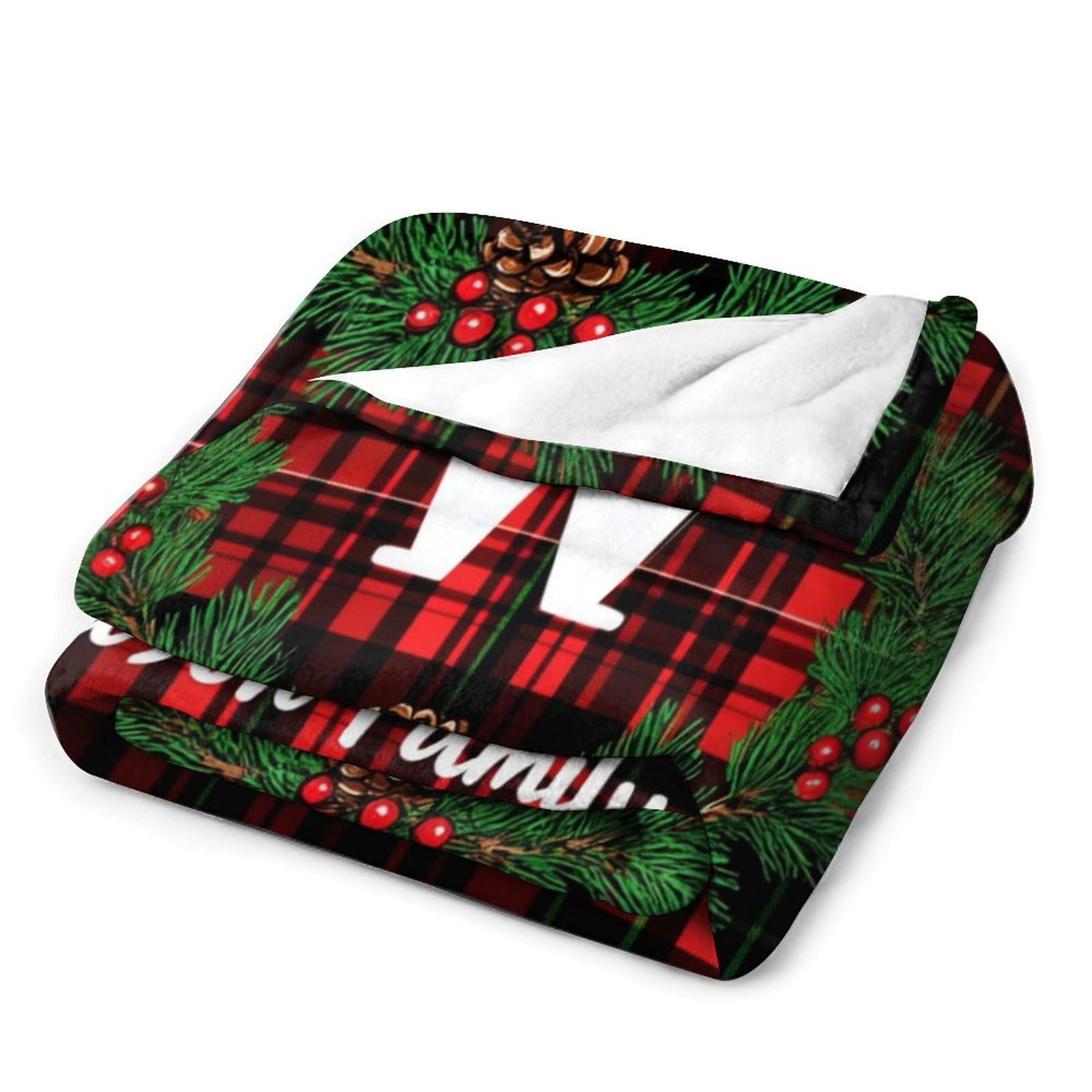 Personalized Family Name Christmas Wreath Blanket - Red Plaid Flannel Throw 40x50 Inches - Ultra Soft Cozy Blanket for Bed, Couch & Car - Perfect Holiday Gift for Women & Family - Great for Winter Snuggling, Home Decor & Christmas Presents