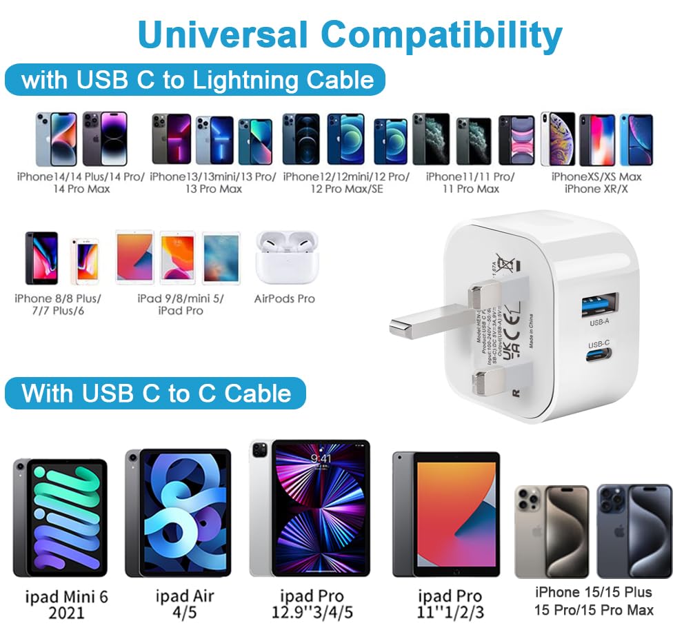 20W USB C Fast Charger Power Adapter - TEYASI UK Plug USB Type C Charger for iPhone 16/16 Pro/15/15 Pro/15 Plus/15 Pro Max/14/14 Pro/14 Pro Max/13/13 Pro/12/11 & iPad - Perfect for Home, Office & Travel Fast Charging