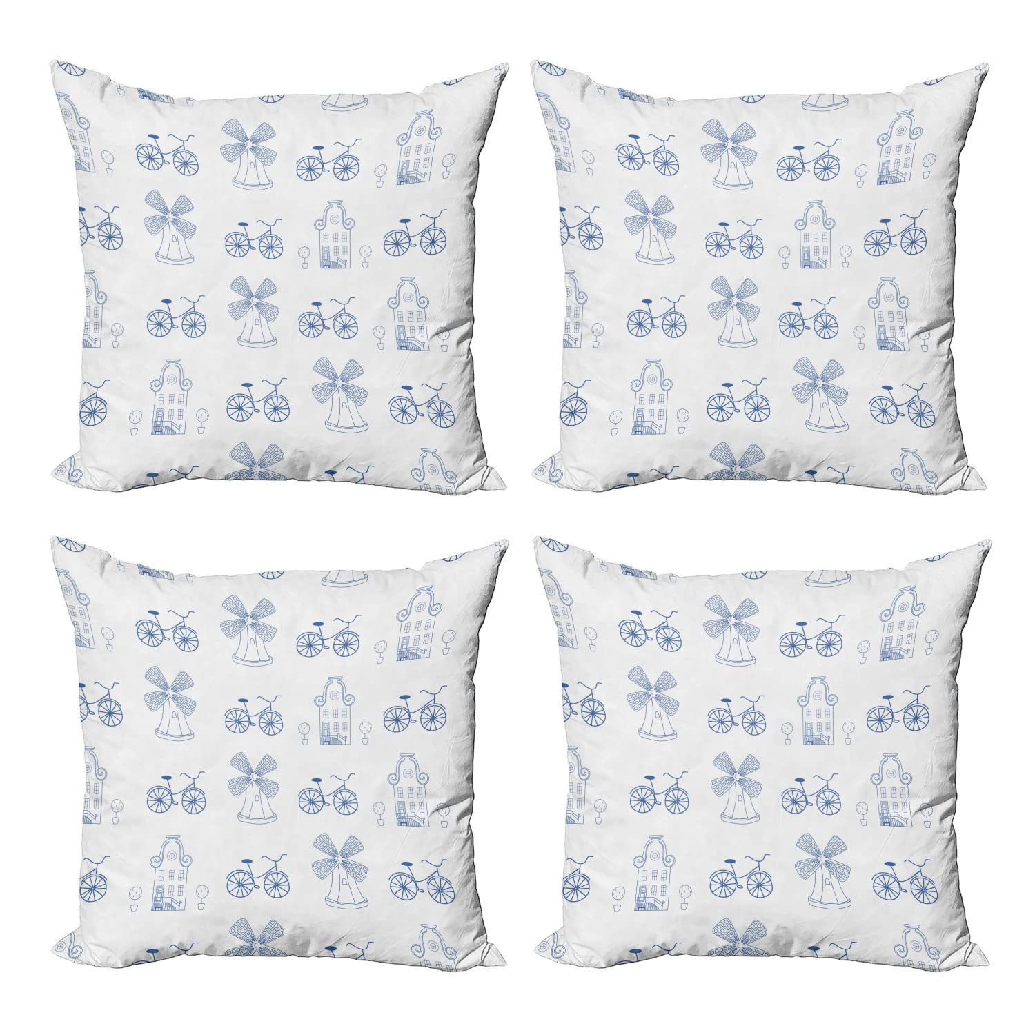 Ambesonne 4-Piece Bicycle Throw Pillow Cover Set - Dutch Windmill & Topiary Tree Blue Design, 16x16 Inch Square Cushion Covers for Sofa, Bed & Home Decor - Perfect for Living Room, Nursery or Outdoor Patio