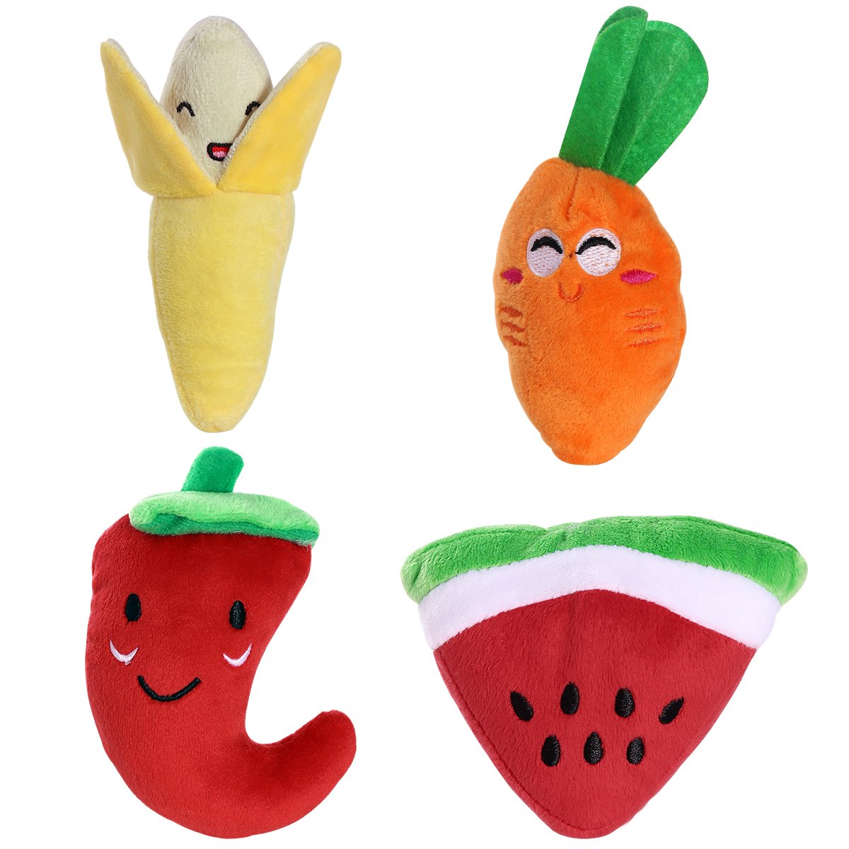 UEETEK 4 Pack Plush Squeaky Chew Toys for Dogs & Cats - Carrot, Watermelon, Banana & Pepper Shapes - Puppy Training, Teething Relief & Interactive Play
