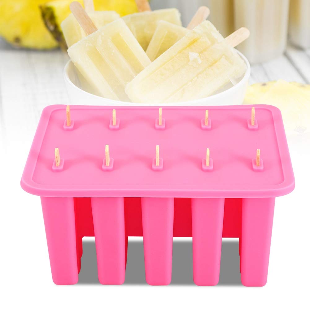 10-Cavity Silicone Popsicle Molds with Lid & 50 Sticks - BPA-Free Ice Cream Maker Mold for Homemade Ice Pops, Cake Pops, Frozen Treats - Perfect for Summer Parties, Kids Snacks & Dessert Making (Pink)
