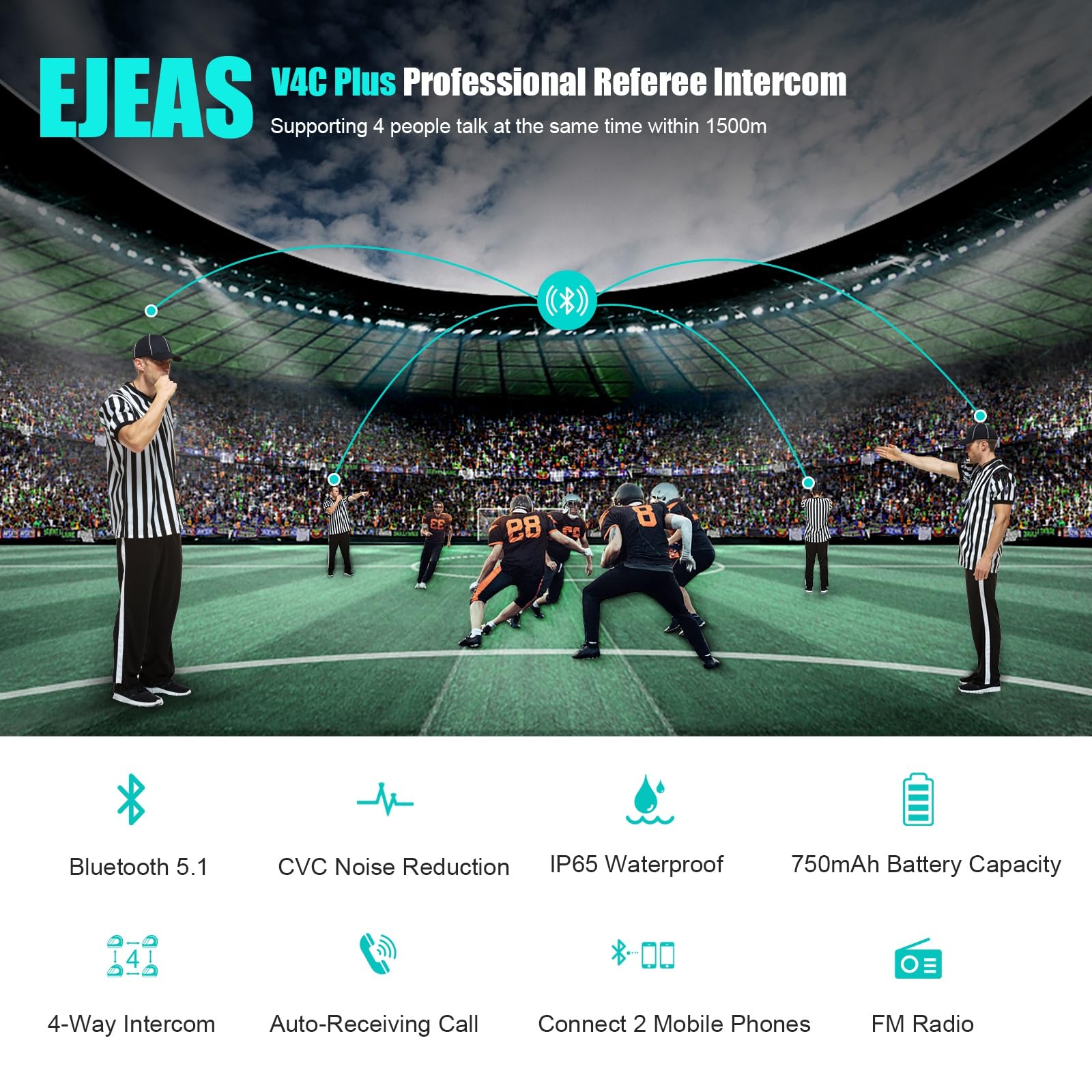 EJEAS V4C Plus Professional Referee Bluetooth Headset - 1200M Range, 4-Person Full Duplex Communication for Soccer & Handball Officials (2-Pack) | Ideal for Game Coordination, Tournament Use & Team Communication