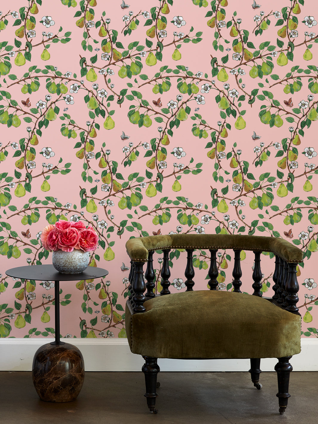 Giardino di Pere Wallpaper by Carly Beck - Pink Floral Peel and Stick Wallpaper for Bedroom, Living Room, and Nursery Decor