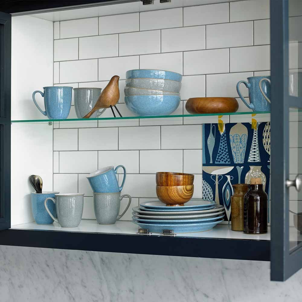 Denby Elements Light Grey Coffee Mug Set of 4 - 330ml Stoneware Ceramic Tea Cups for Home, Office, Kitchen & Gifts - Dishwasher & Microwave Safe - Pale Grey & White - Chip Resistant - Perfect for Morning Coffee, Tea Break or Office Use