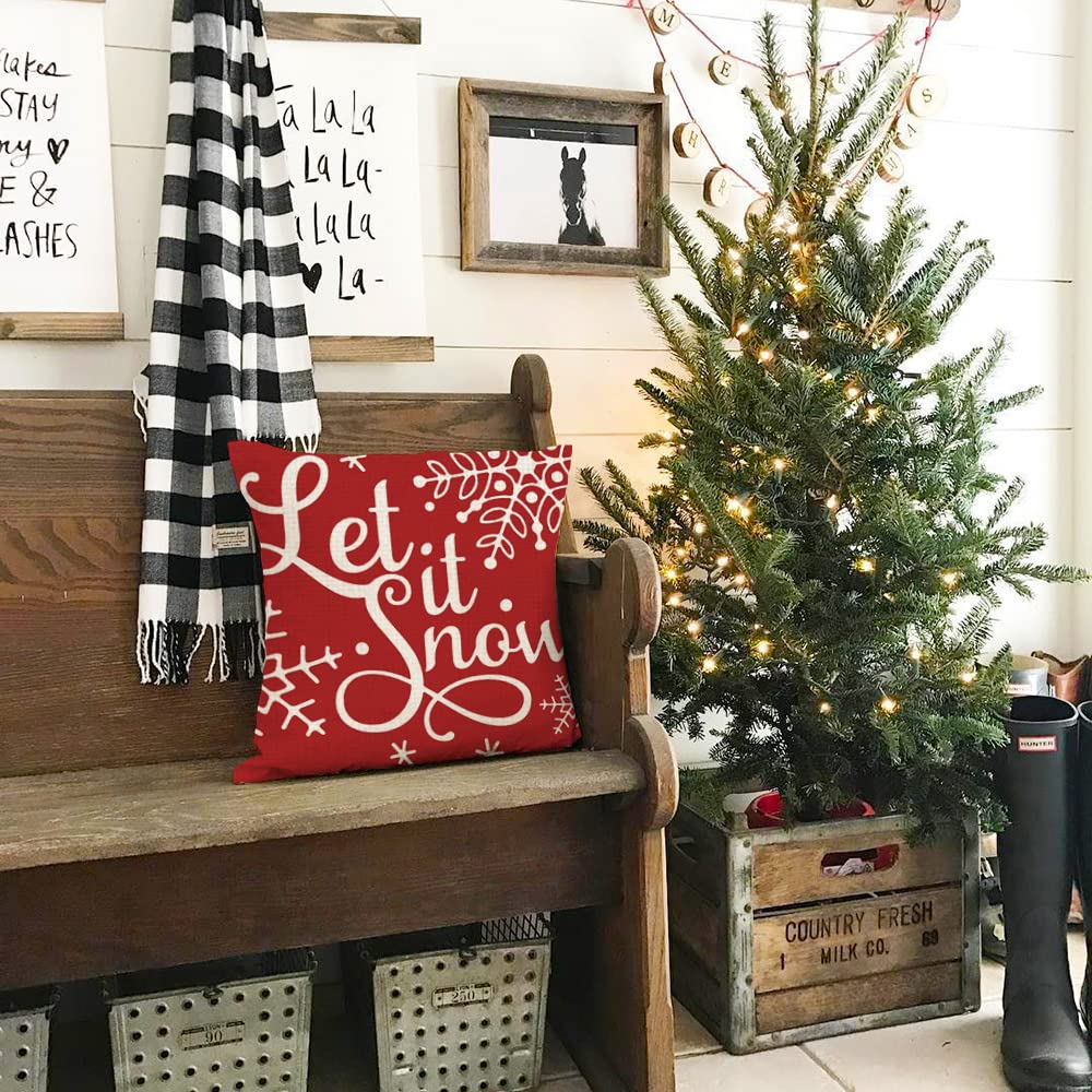 Farmhouse Christmas Throw Pillow Covers 18x18 Inch Set of 4 - Holiday Home Decor for Sofa, Couch & Bed - Cozy Seasonal Living Room & Bedroom Decoration