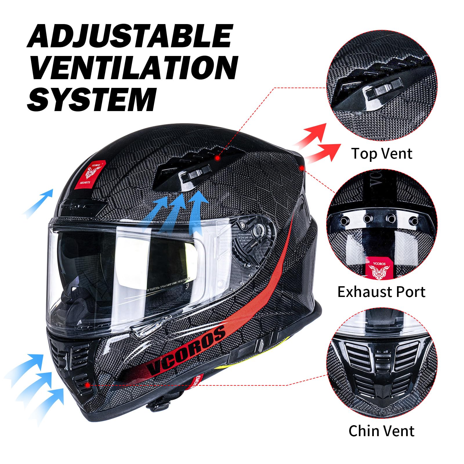 VCOROS DOT Approved Carbon Fiber Full Face Motorcycle Helmet FA-602 with Dual Visor - Mountain Racing & Street Bike ATV Helmet for Men & Women (Hexagon Carbon Fiber Graphic, XXL) - Perfect for Highway Cruising, Off-Road Adventures and Urban Commuting