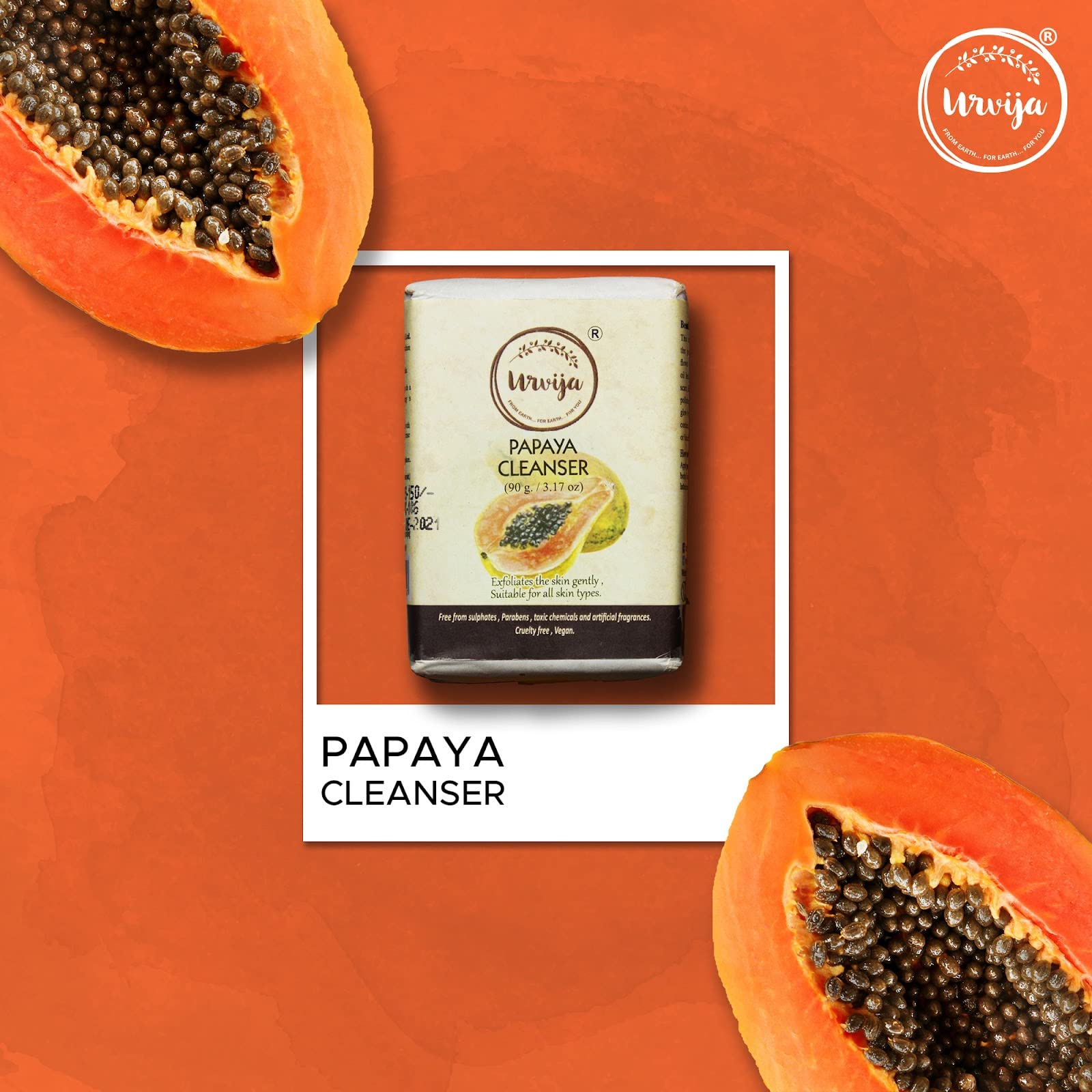 Urvija Papaya Cleansing Soap - Natural Essential Oil Handmade Soap for Exfoliation & Deep Cleansing - Removes Dead Skin Cells & Rejuvenates Skin - Palm Oil Free, Paraben Free, Chemical Free - 90g - Perfect for Daily Skincare & Spa Treatments