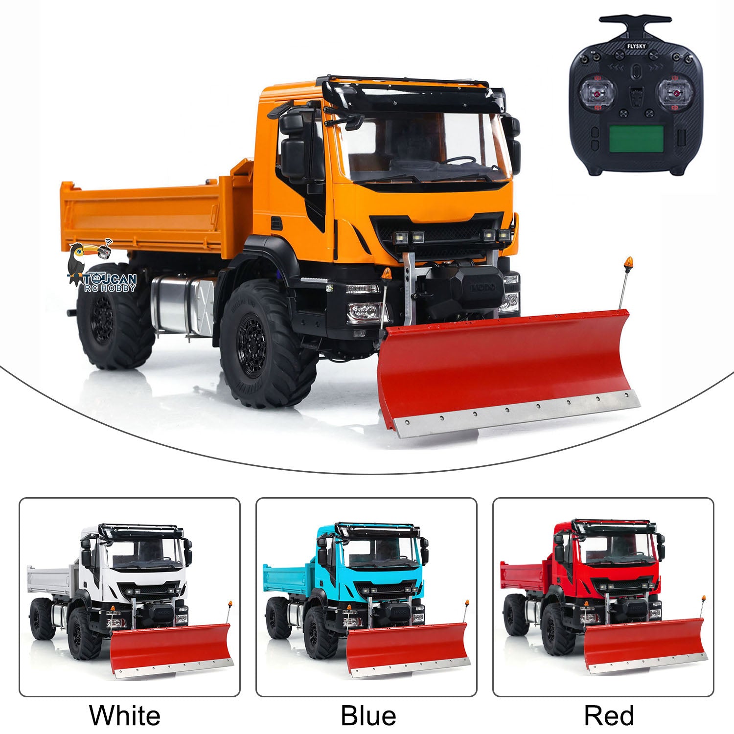 1/14 Scale 4x4 Metal RC Hydraulic Dump Truck with Remote Control - Snow Plow & Tipper Function, FlySky ST8 Controller, LED Lights & Sound Effects - Perfect for Construction Play, Winter Snow Removal & Off-Road Adventure