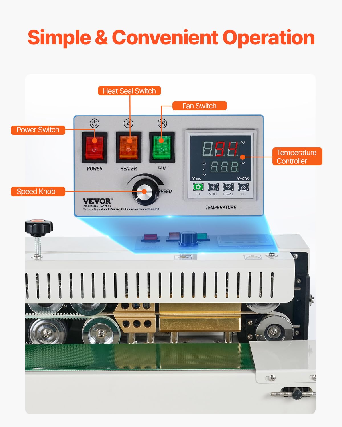 VEVOR Continuous Band Sealer Machine - 6-12mm Adjustable Seal Width, Digital Temperature Control for 0.02-0.8mm Plastic Bags | Food Packaging, Industrial Sealing, Warehouse Use | Commercial Bag Sealing Equipment for Plastic Films & Pouches