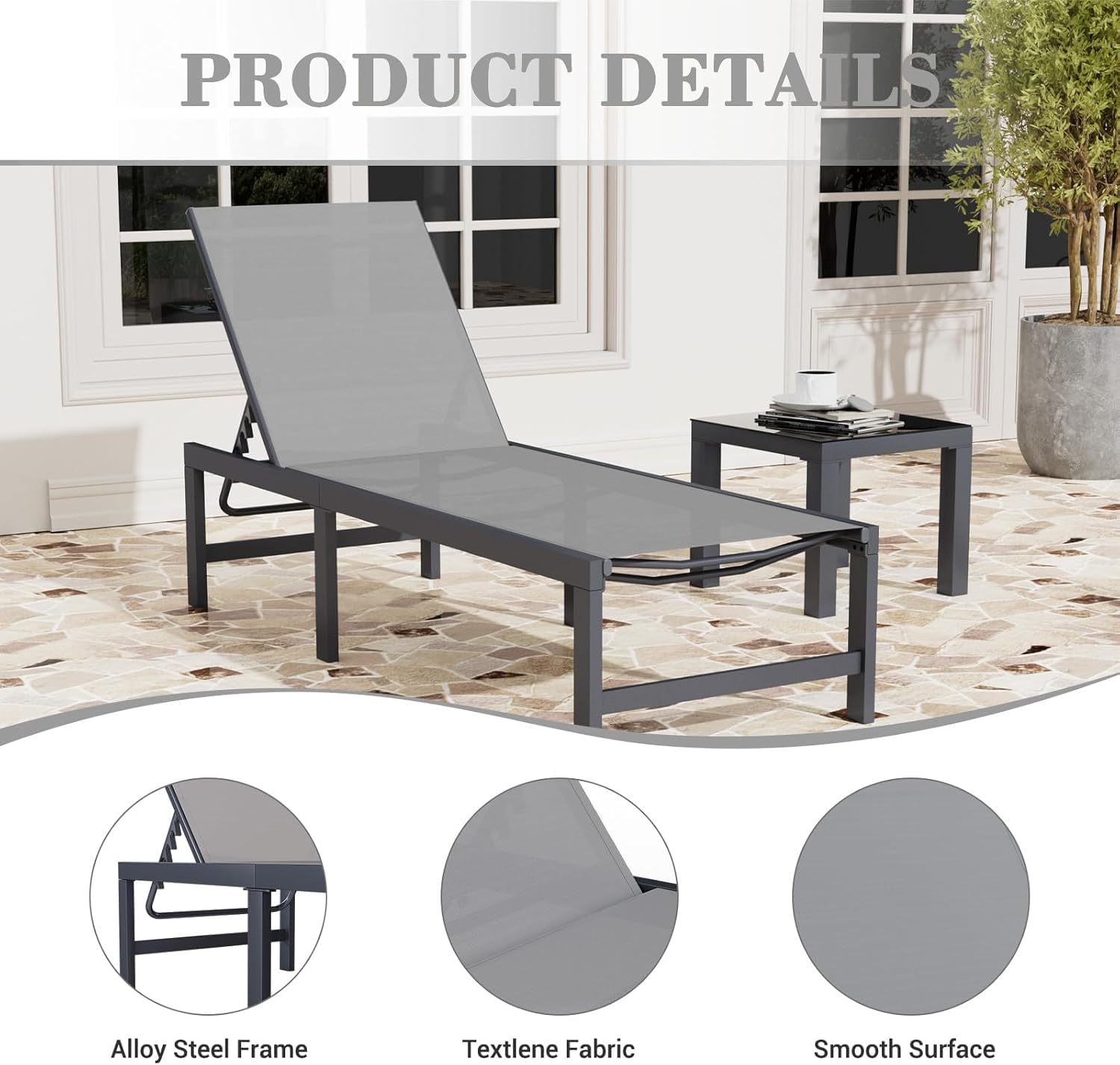 UDPATIO 3-Piece Outdoor Chaise Lounge Set with Adjustable Backrest and Side Table - Perfect for Poolside, Beach, Patio, and Backyard Sunbathing (Grey) | Durable Weather-Resistant Pool Lounge Chairs for Relaxing in Summer