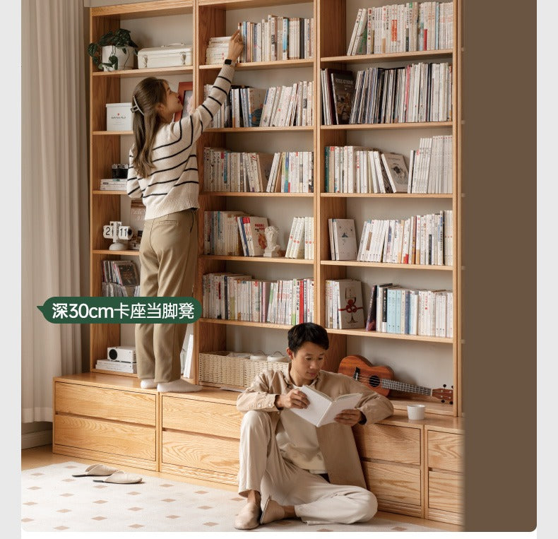 Solid Oak Wood Wall-to-Wall Bookshelf with Built-in Seat - Perfect for Home Library, Study Room & Living Room Storage