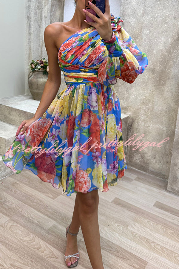 Floral Print Pleated One Shoulder Mini Dress for Women - Elegant Swing Summer Dress for Party, Wedding & Vacation