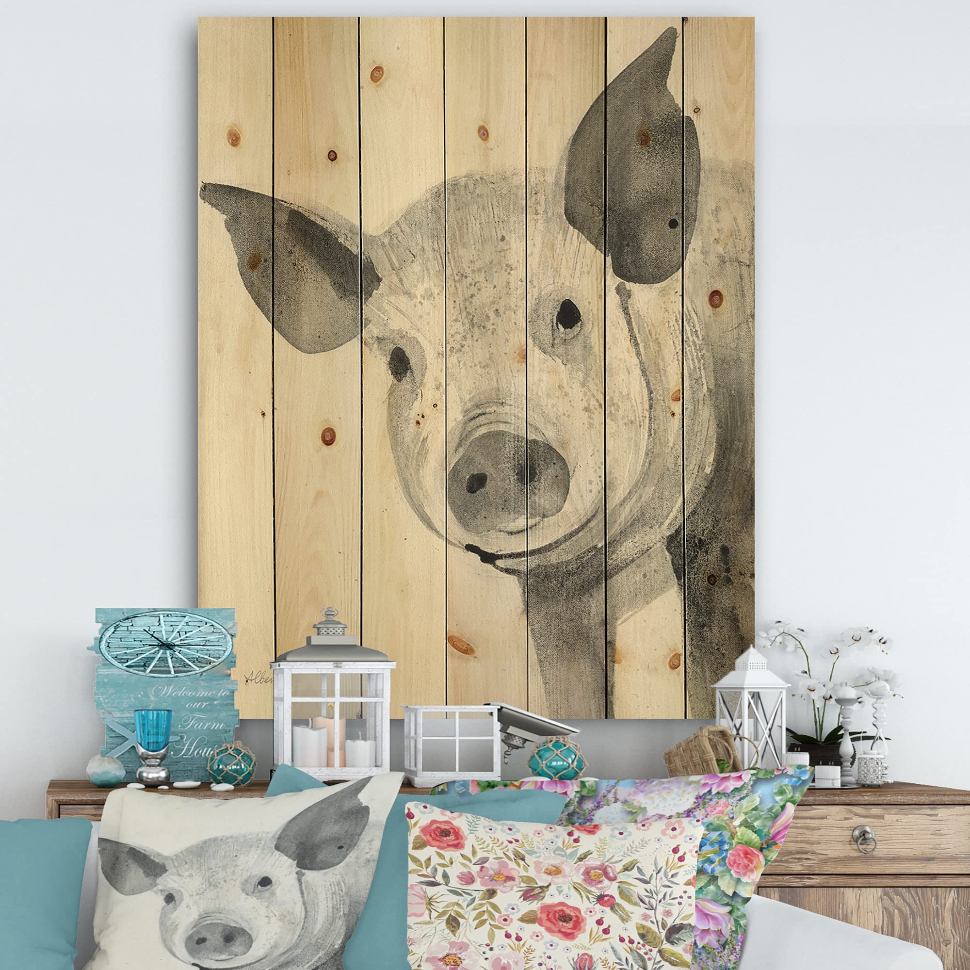 DesignQ Black & White Piglet Farmhouse Wood Wall Decor - Grey Wood Wall Art with Large Animal Prints on Natural Pine - Perfect for Farmhouse, Rustic & Country Home Decor