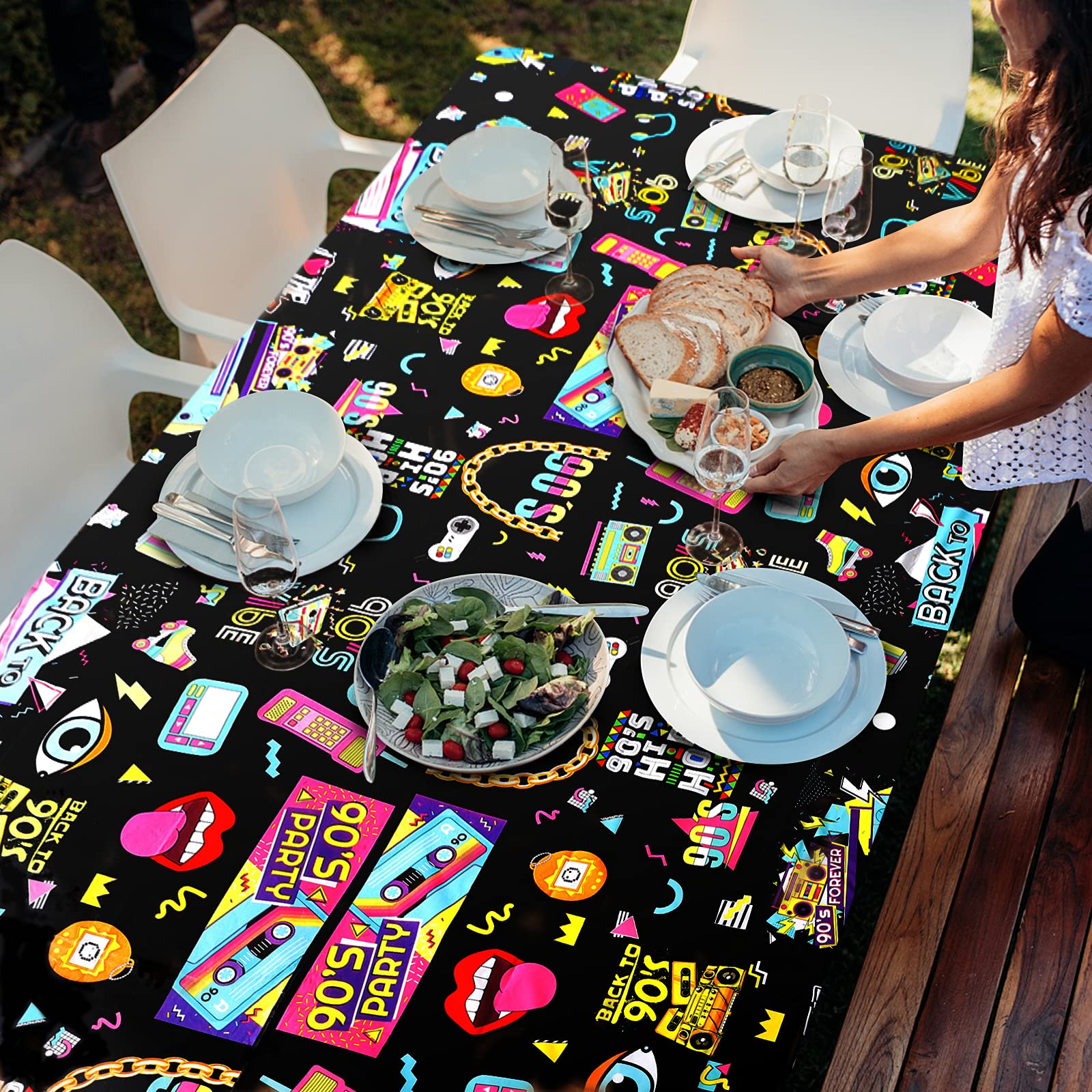 3 Pack 90s Themed Party Tablecloths - Retro Hip Hop Birthday Table Covers for 1990s Theme Party Decorations - Perfect for 90s Birthday Parties, School Events & Throwback Celebrations