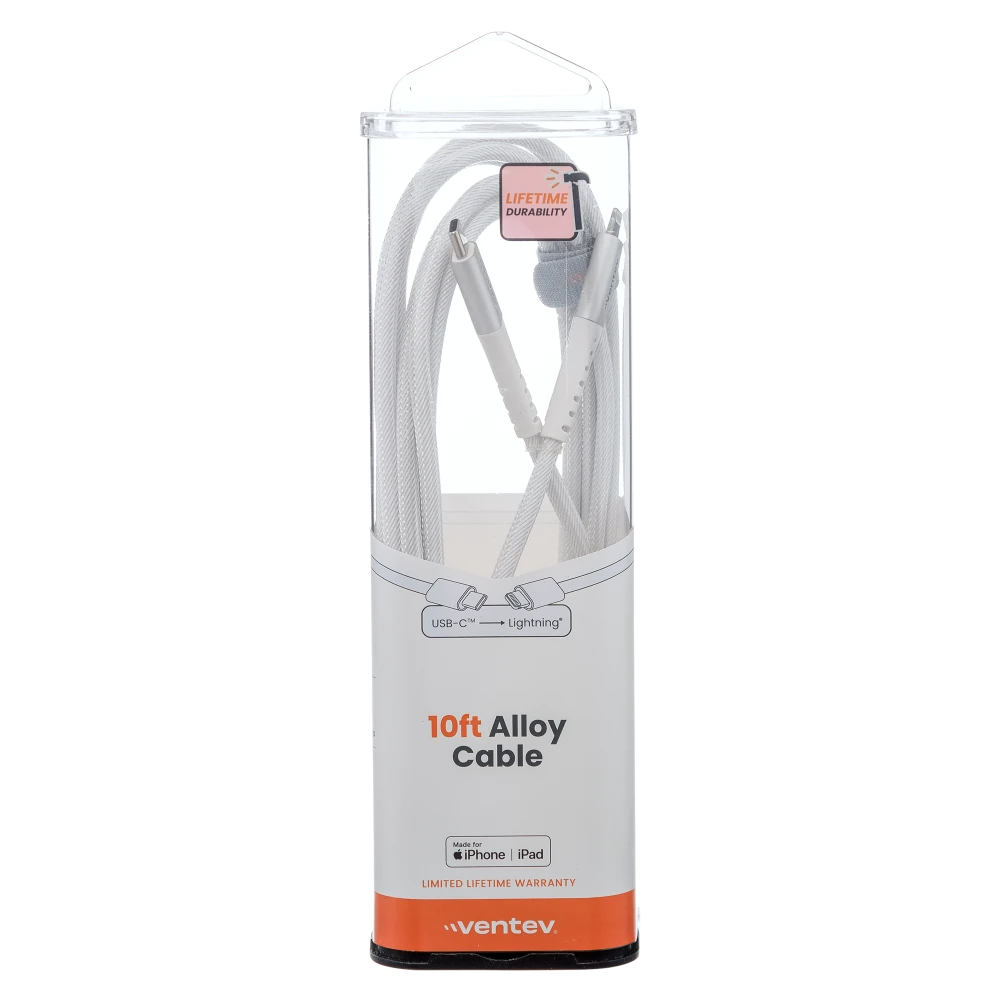 Ventev 10ft USB C to Lightning Cable Alloy White - Fast Charging & Data Sync for iPhone, iPad - Perfect for Home, Office & Travel