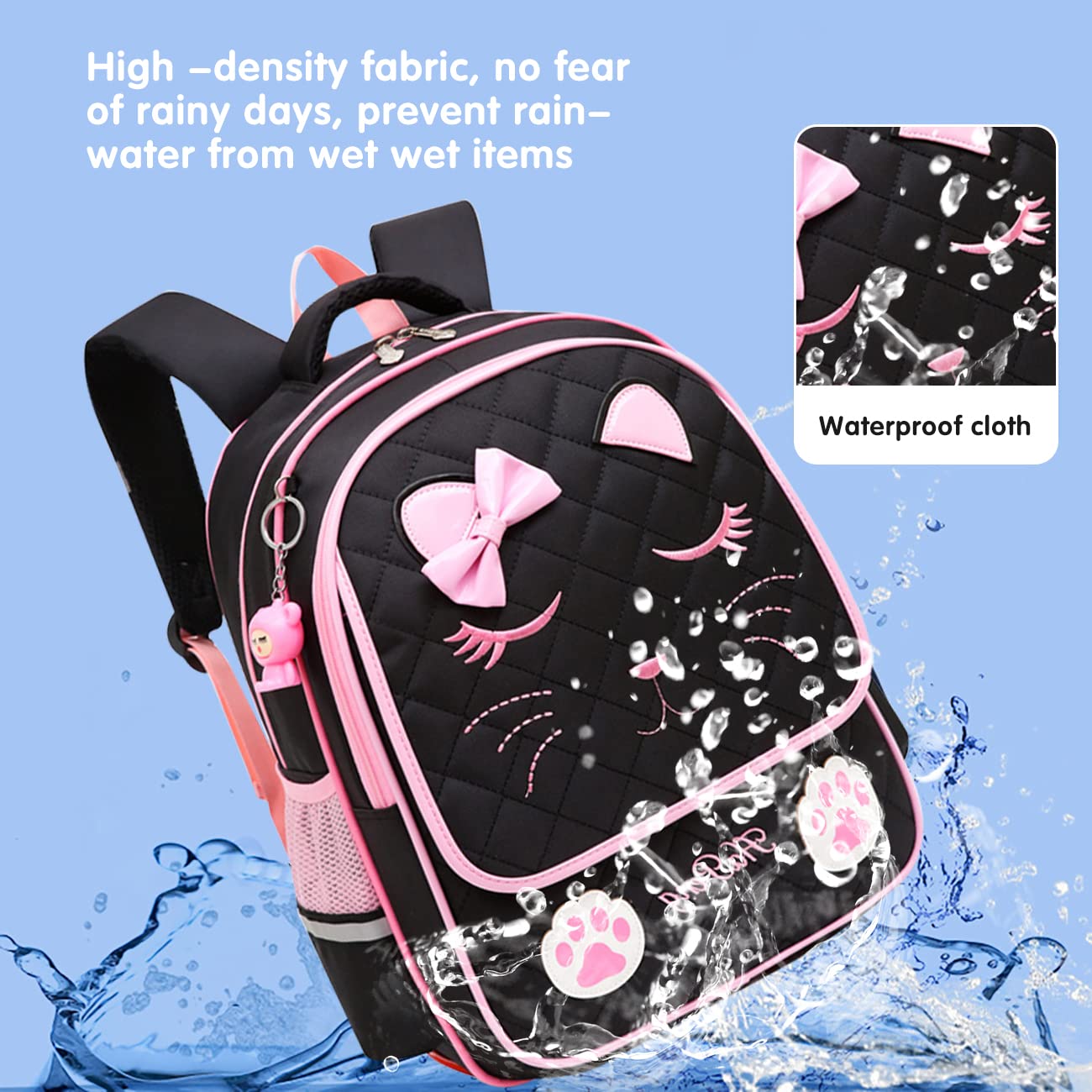 MCWTH Cute Cat Face Backpack for Girls - Stylish Elementary School Bookbag, Durable Daypack for Teens (Black) - Perfect for School, Travel & Daily Use