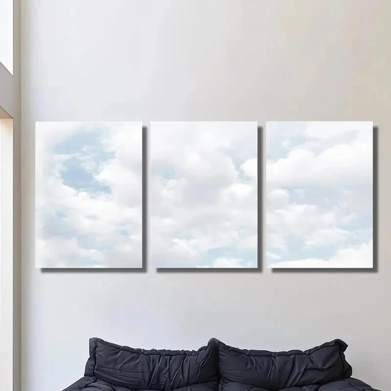 3Pcs Blue Sky Cloud Painting - Natural Cloud Metal Wall Art Prints Ready to Hang - Perfect for Living Room, Bedroom & Office Decor