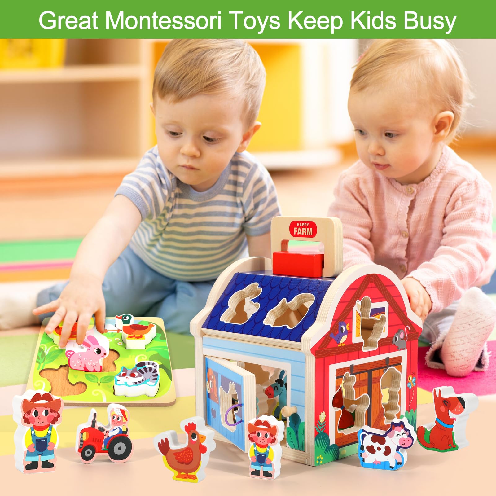 Montessori Wooden Farm Animal Toys for Toddlers 1-3 Years Old - Educational Sorting Barn Toy with Blocks & Puzzles, Baby Shape Sorter Learning Activity - Perfect Christmas Birthday Gift for Boys & Girls | Farm-Themed Early Learning, Preschool Classroom, Daycare, Homeschooling & Sensory Play
