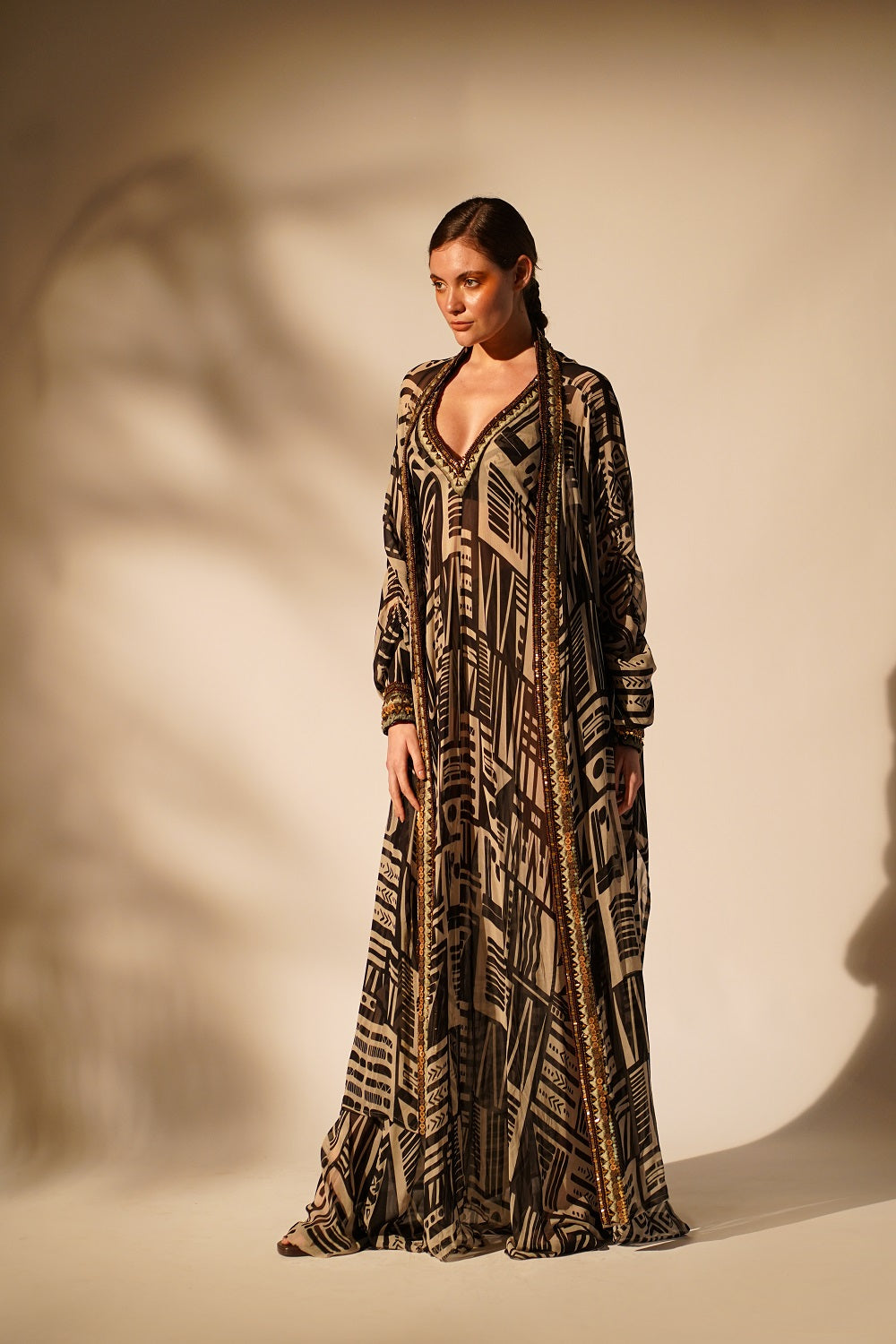 Elegant White Abstract Print Dress with Hand-Threaded Details & Wooden Embellishments - Perfect for Summer Weddings, Beach Vacations, and Boho-Chic Outfits