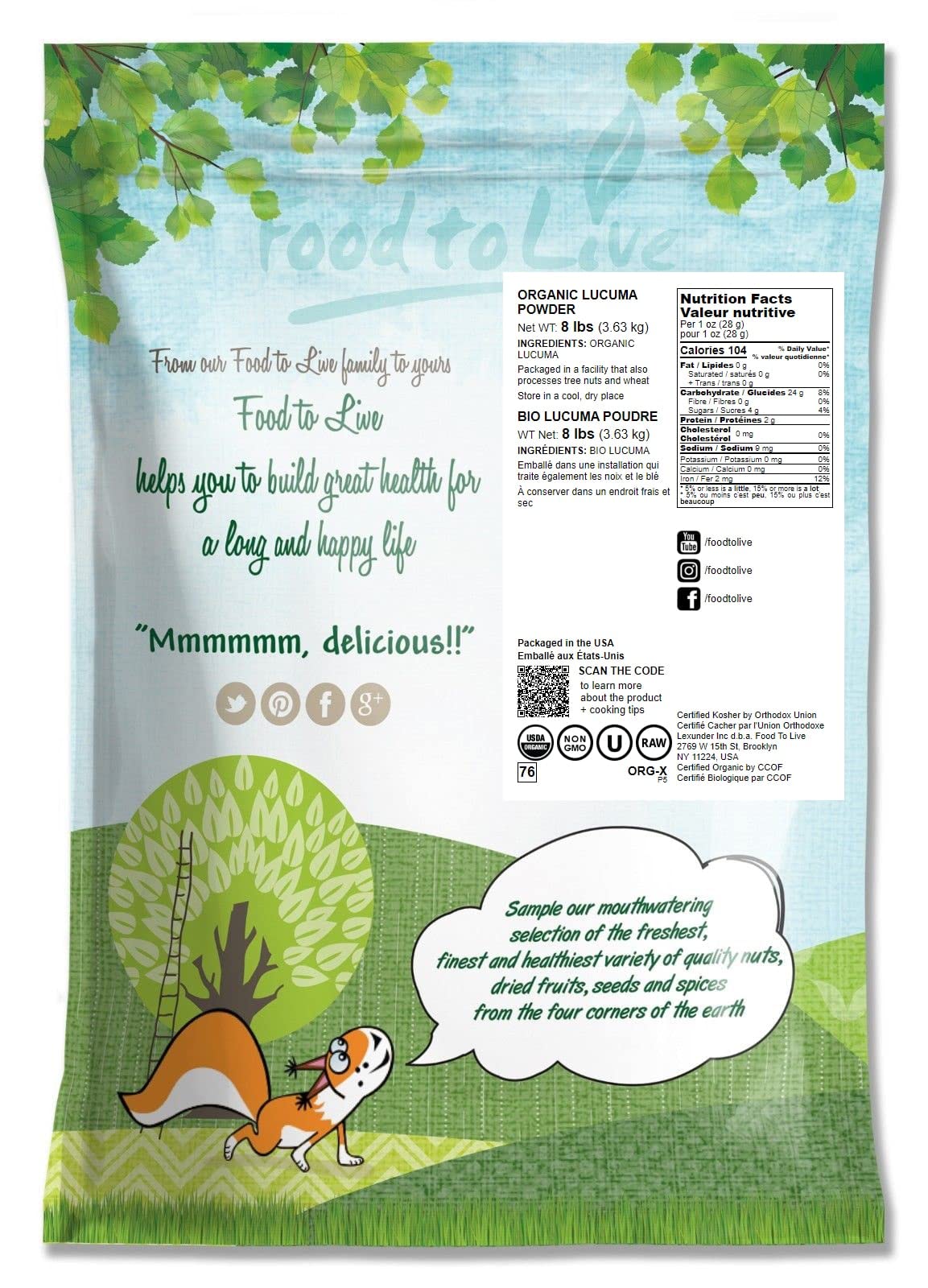 Organic Lucuma Powder by Food to Live, 8 Pounds — Raw, Non-GMO, 100% Pure, Vegan Superfood, Paleo & Keto Friendly, Low Glycemic Index, No Additives, Bulk Size | Perfect for Smoothies, Baking, Healthy Drinks, and Desserts
