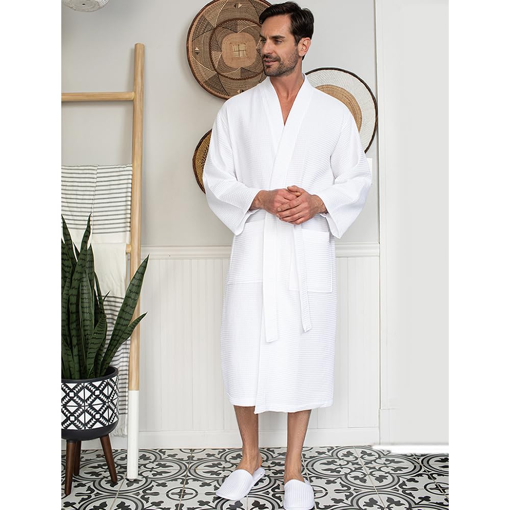 Luxury Soft Waffle Weave Cotton Bathrobe for Men - Premium SPA Lotus Linen Robe - Perfect for Relaxation, Lounging & After Shower Comfort