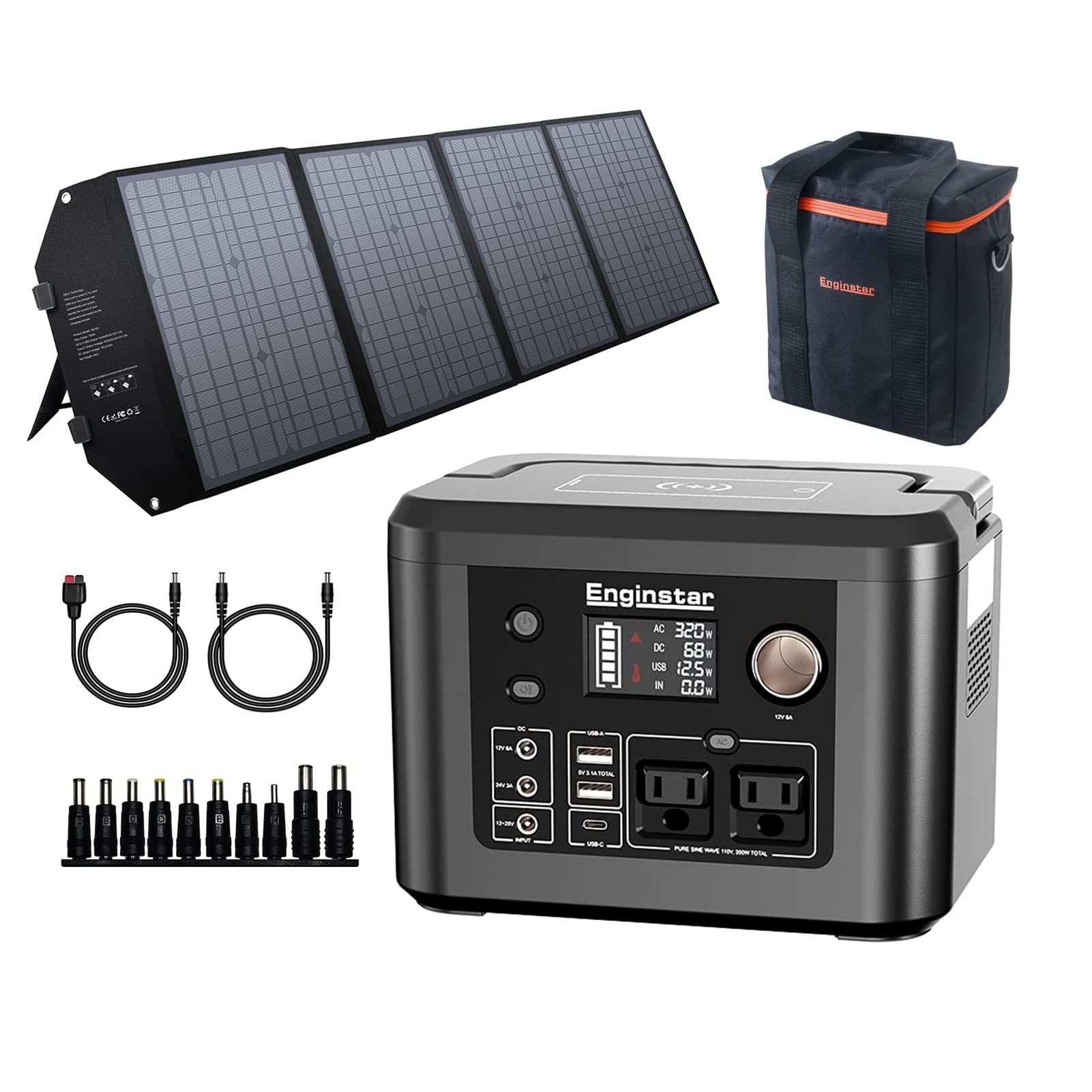 EnginStar 60W Foldable Solar Panel with 296Wh Portable Power Station - Wireless Charger, Storage Bag, 110V/350W AC Outlet for Camping, RV, CPAP, Emergency Power & Home Backup (Ideal for Outdoor Adventures & Power Outages)