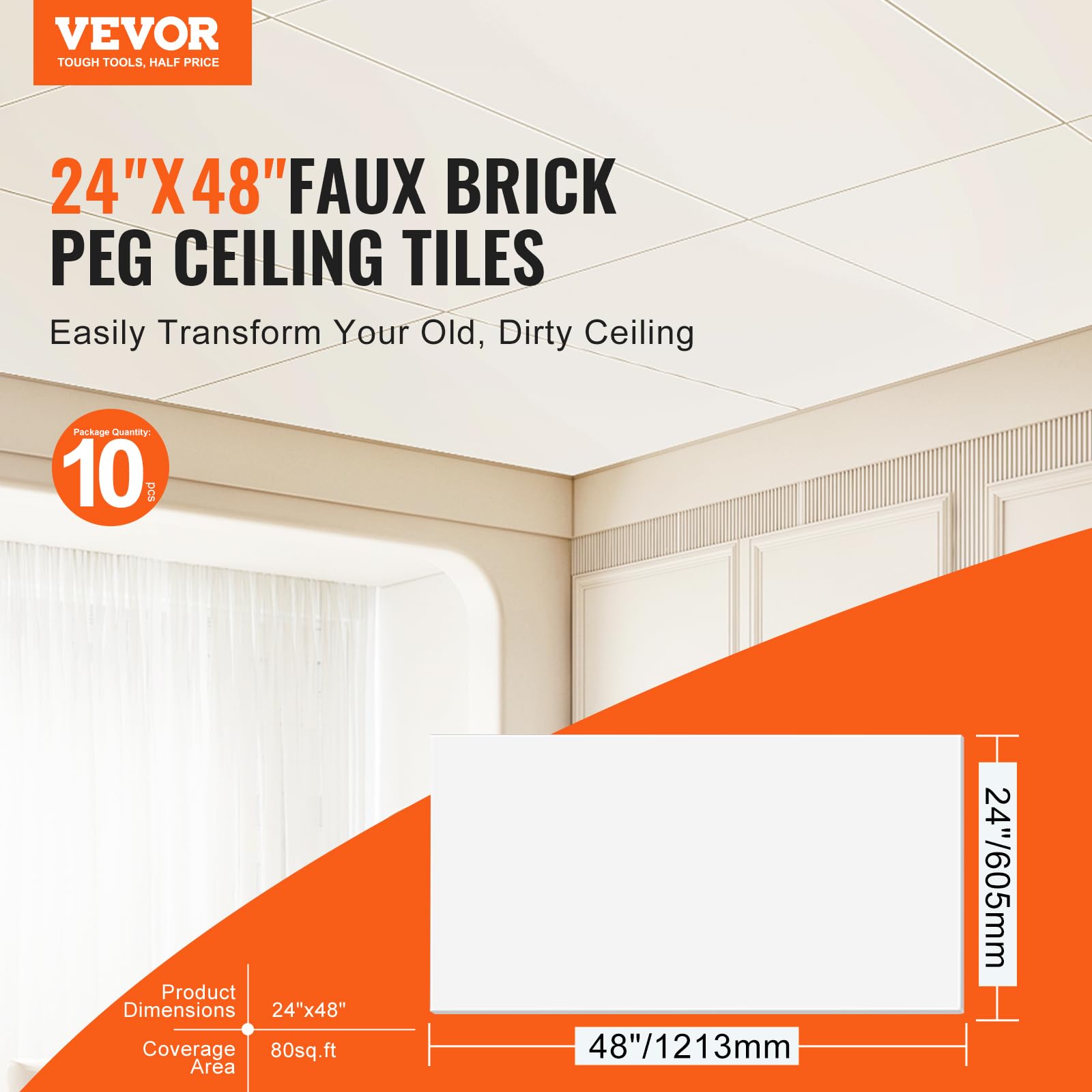 VEVOR 10-Pack 24x48 Inch Drop Ceiling Tiles - Premium PVC Foam Panels, Fire-Rated, Flexible & Easy to Install - Smooth White Ceiling Cover for Home Office, Basement & Commercial Spaces Decoration