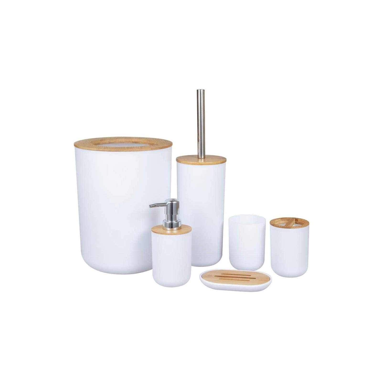 Premium Bamboo Wooden Bathroom Accessories Set - 6-Piece Gift Set with Toilet Brush, Soap Dispenser, Waste Bin, Toothbrush Holder & Soap Dish | Eco-Friendly Bathroom Organization for Home, Hotel, Spa & Guest Rooms