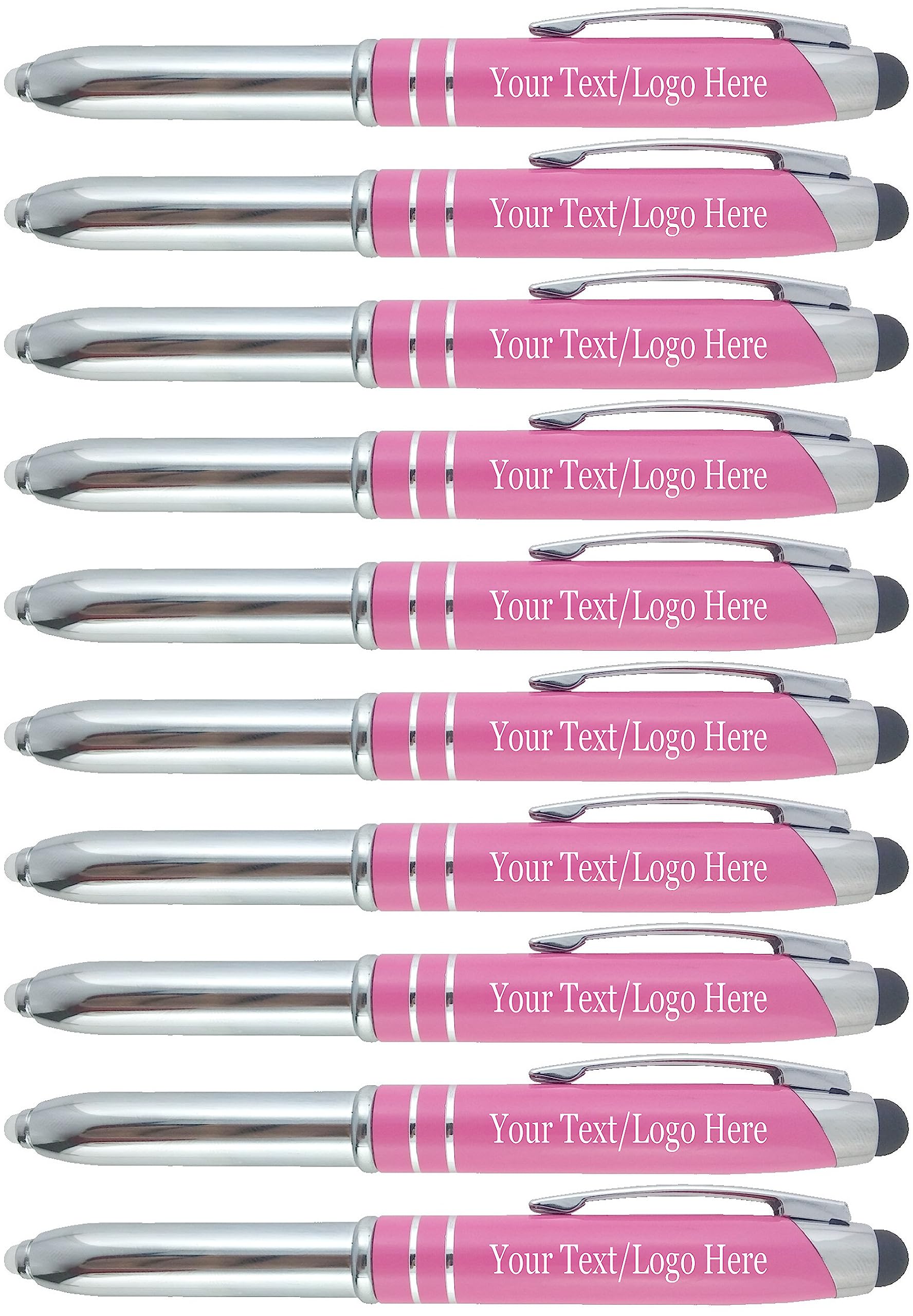 Custom Printed Pens Bulk 50 Pack - Personalized Promotional Pens with Your Logo or Text - 3-in-1 LED Flashlight, Ballpoint Pen & Touchscreen Stylus - Perfect for Business Marketing, Corporate Gifts, Weddings & Events (Pink)