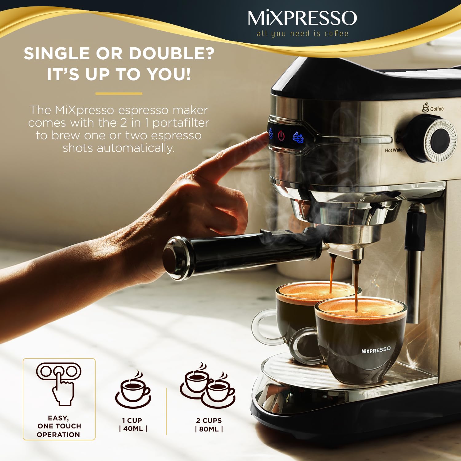 Mixpresso Professional 15 Bar Espresso Machine with Milk Frother - Fast 1450W Heating, 37Oz Water Tank & Double-Cup Splitter - Perfect for Home Baristas Making Espresso, Cappuccino & Latte - Ideal for Morning Coffee, Entertaining Guests & Small Cafes