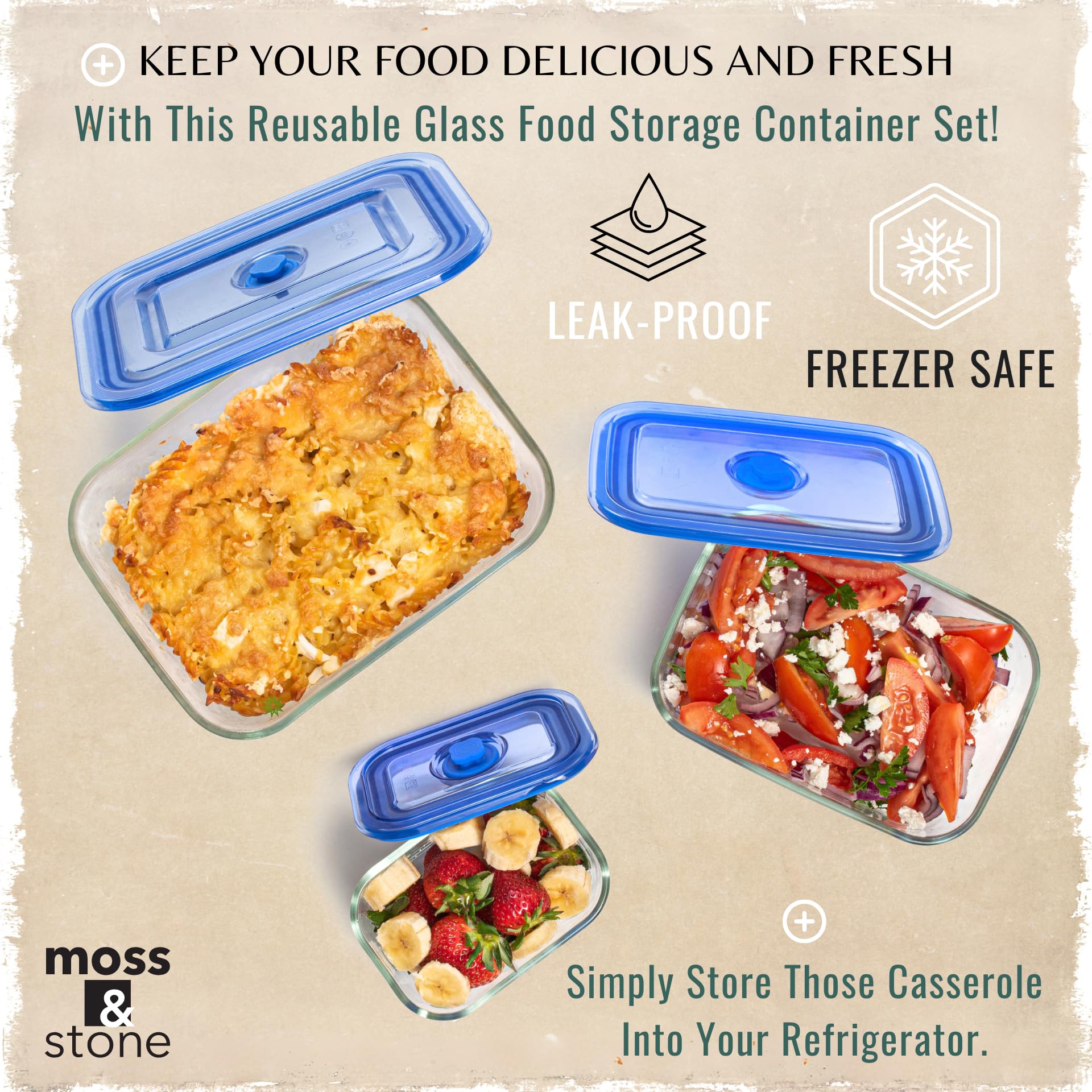 Moss & Stone Extra Large Glass Food Storage Containers with Lids (Set of 3) - 101oz, 54oz, 16oz - Airtight, Leak Proof, Microwave, Dishwasher & Oven Safe - Perfect for Meal Prep, Leftovers & Pantry Organization