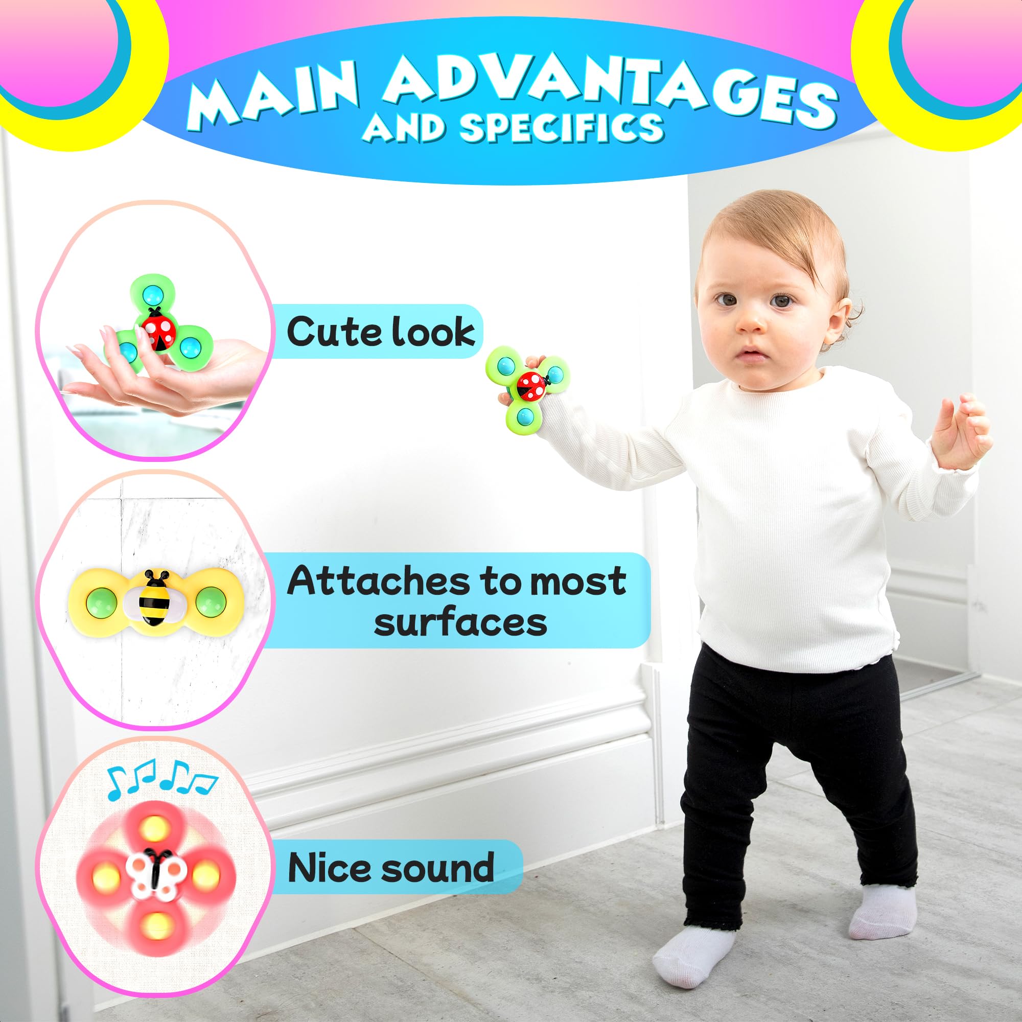 3Pcs Baby Suction Cup Fidget Spinner Toys - High Chair & Bath Time Sensory Toys for Toddlers, Stress Relief & Fun Playtime Activity for Kids