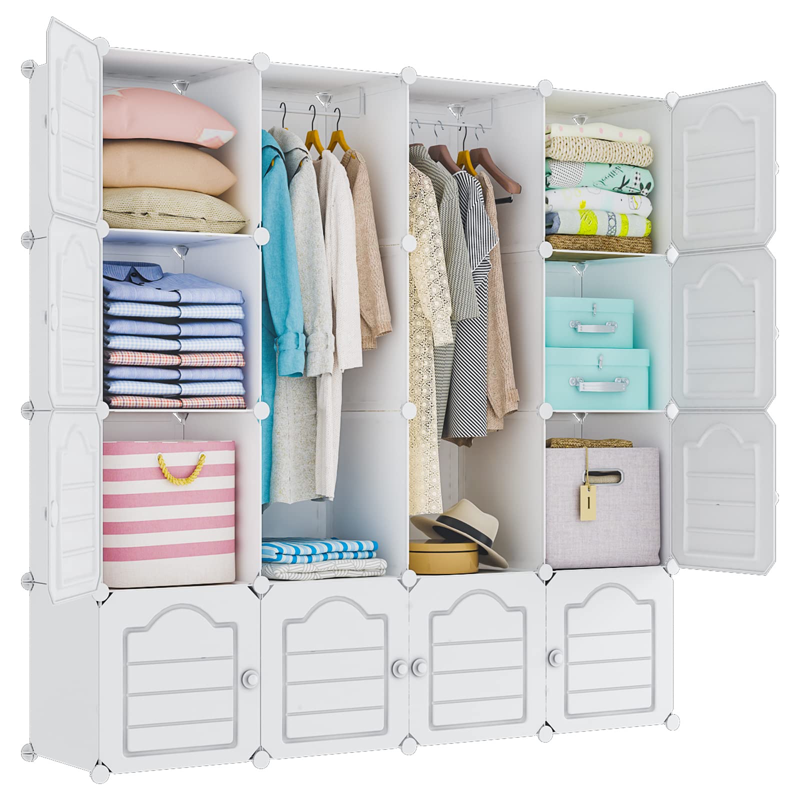 MAGINELS 16-Cube Portable Wardrobe Closet with Solid Doors - Foldable Storage Organizer for Clothes, Shoes & Accessories - White Bedroom Armoire for Small Spaces, Dorm, Apartment & RV Organization
