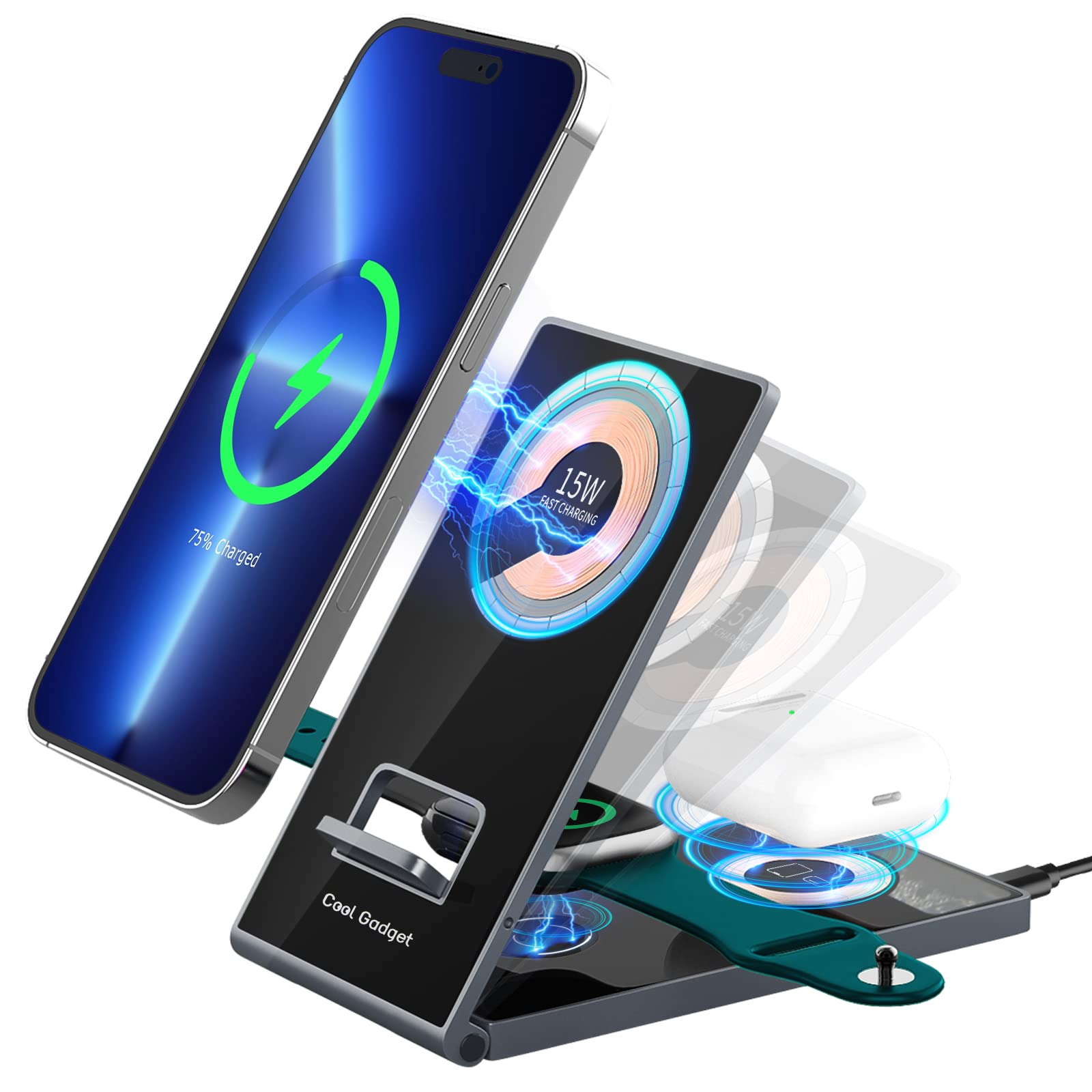 15W Foldable Magnetic Wireless Charger - 3-in-1 Travel Charging Station for iPhone, Apple Watch & AirPods | Perfect for Home & Office