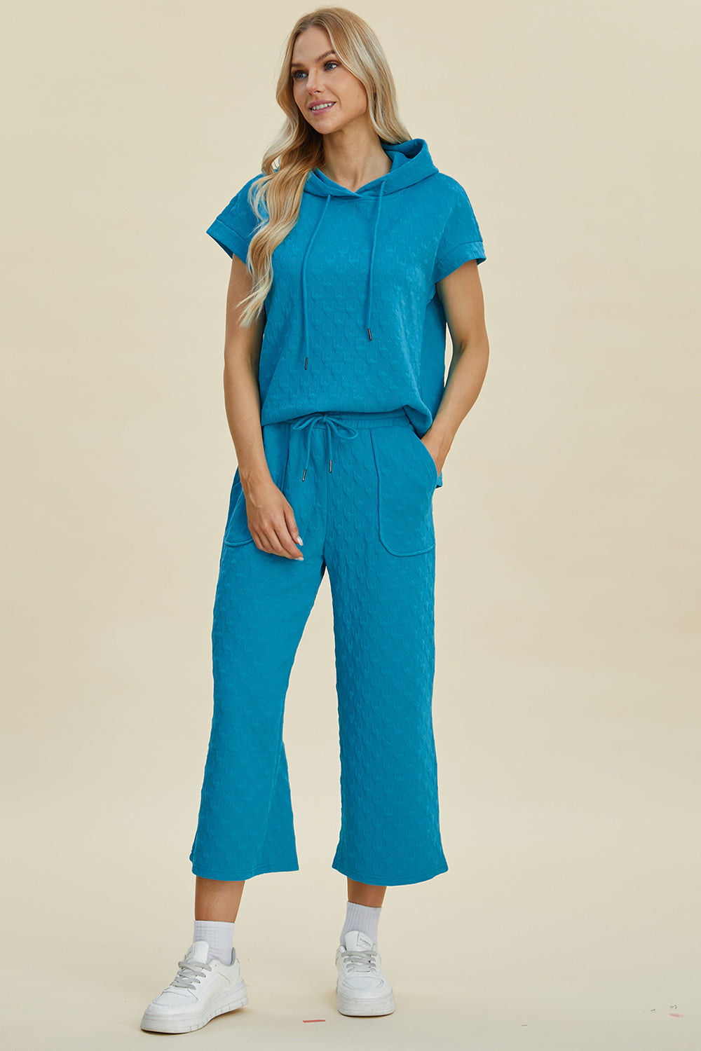 Double Take Full Size Textured Drawstring Short Sleeve Hoodie & Pocketed Pants Set - Casual Loungewear for Men and Women | Perfect for Home, Gym, and Outdoor Activities